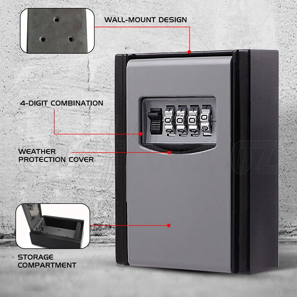 4-Digit Outdoor Wall-Mounted Key Safe Lock Box – Weather-Resistant Grey