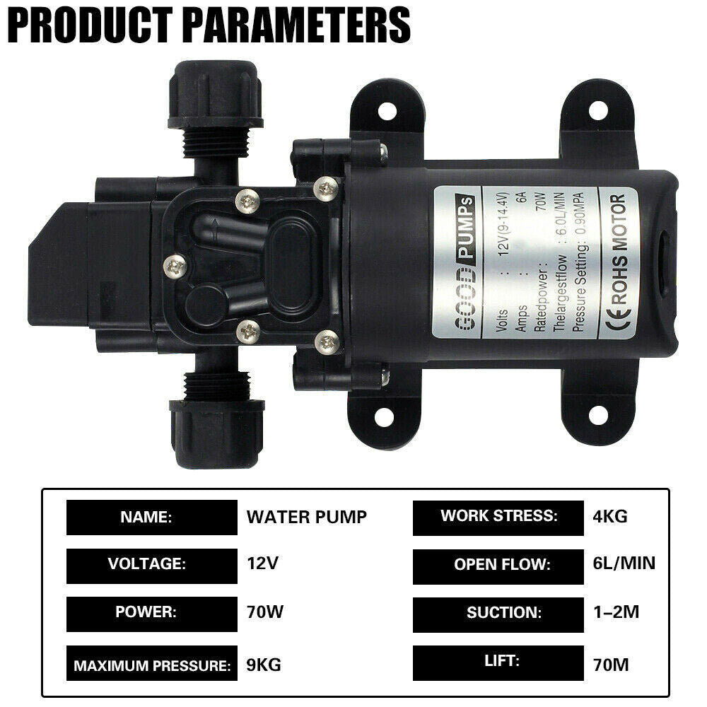 12V Water Pump 6Lpm 70W Self-Priming Caravan Camping Boat 130PSI