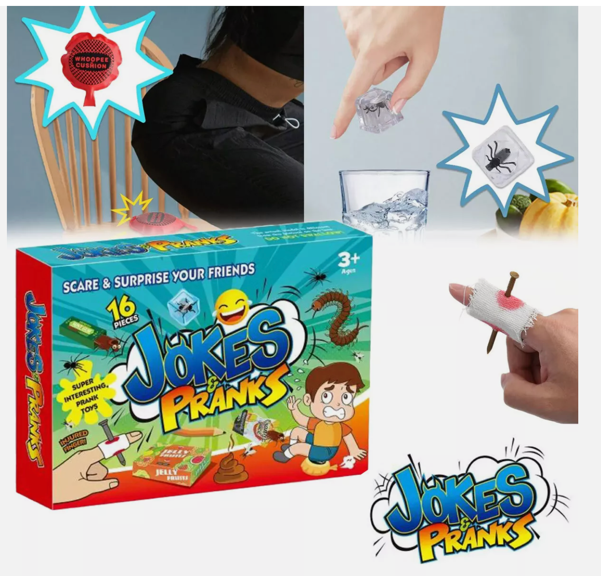 Practical Jokes Game Children Action Prank Kit Kids Tricks 16 Pieces Joke Box