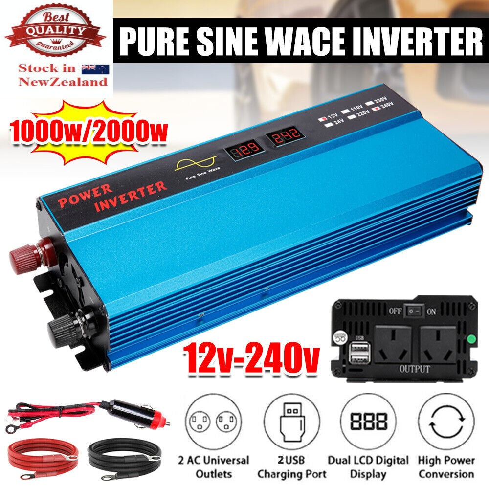 1000W 2000W Pure Sine Wave Power Inverter Dc 12v ~ Ac 240v Camping Travel