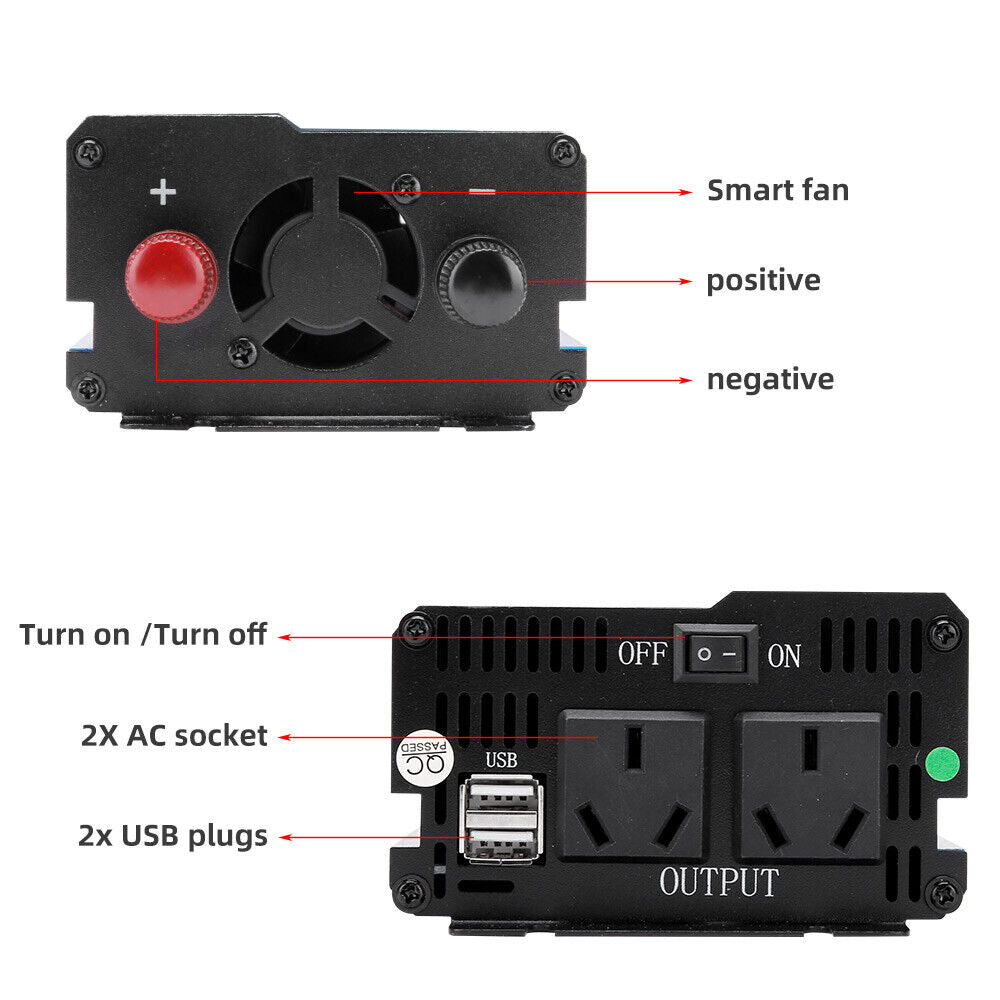 1000W 2000W Pure Sine Wave Power Inverter Dc 12v ~ Ac 240v Camping Travel