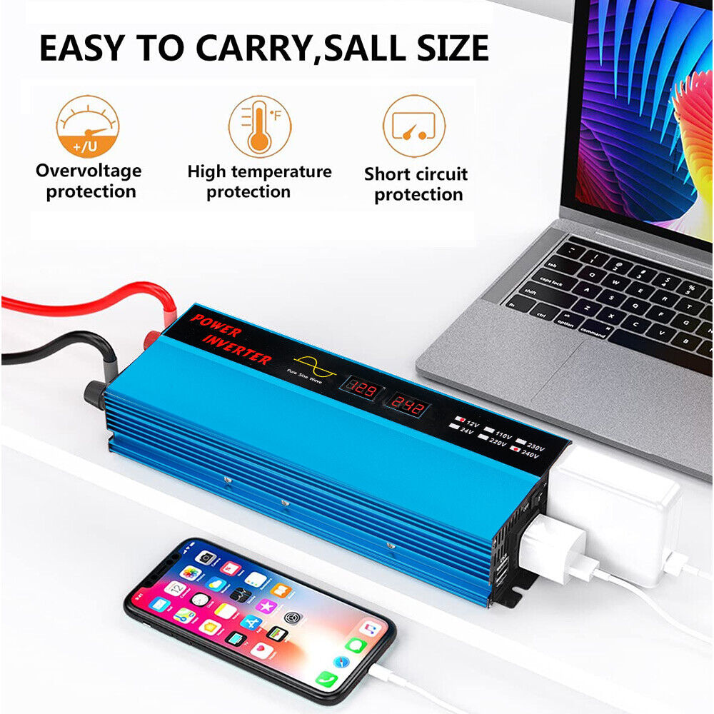 1000W 2000W Pure Sine Wave Power Inverter Dc 12v ~ Ac 240v Camping Travel