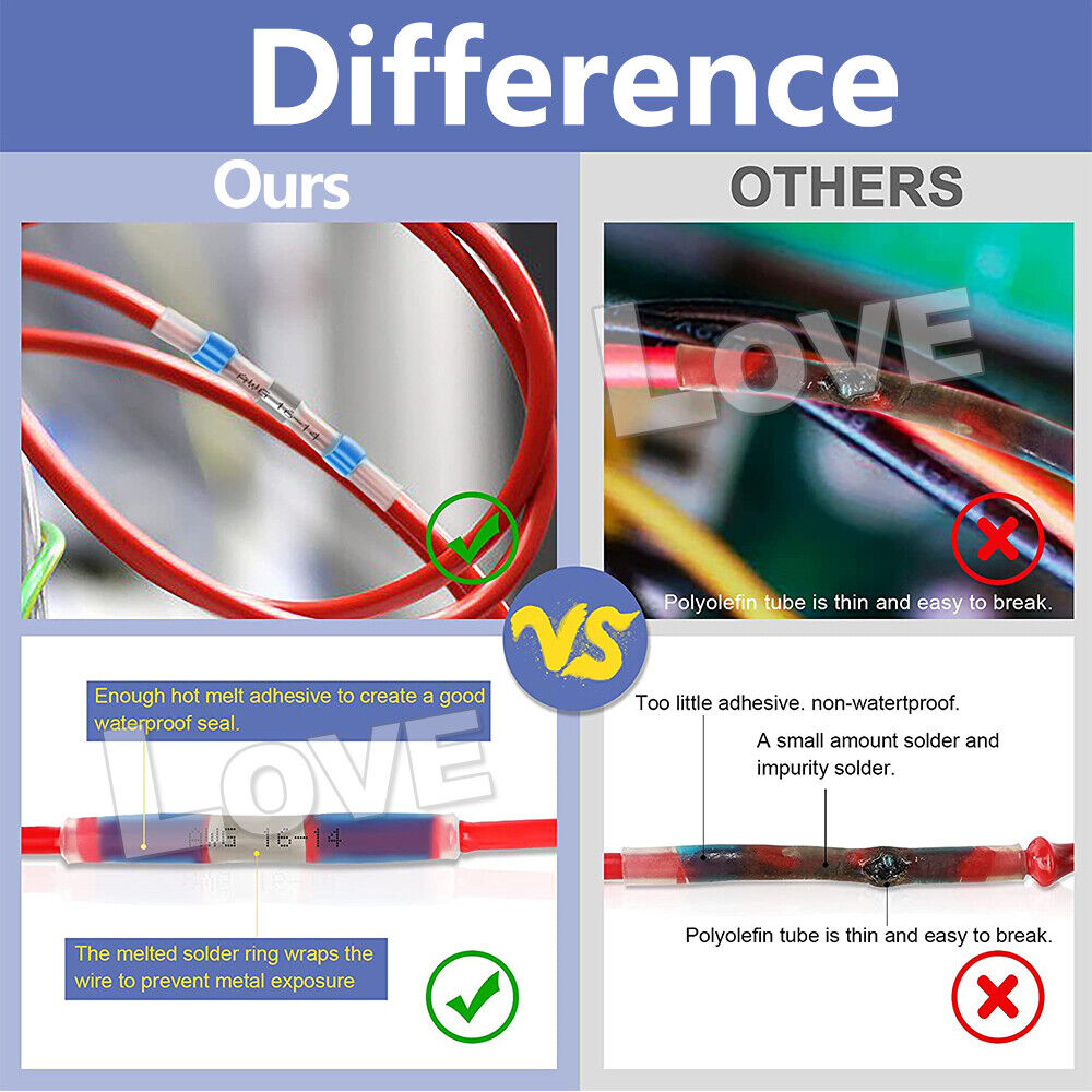 200PCS Solder Seal Sleeve Waterproof Heat Shrink Butt Wire Connectors Terminals