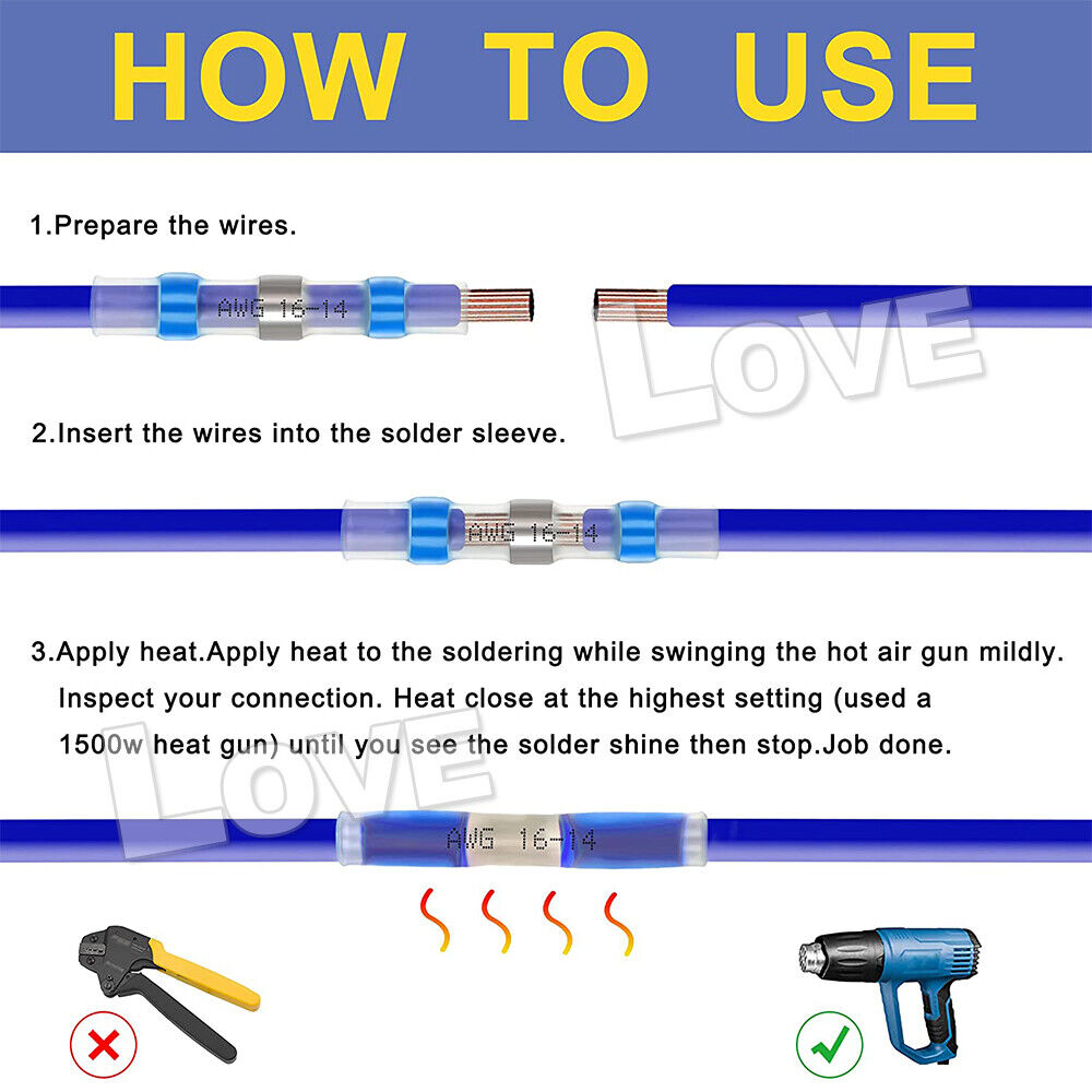 200PCS Solder Seal Sleeve Waterproof Heat Shrink Butt Wire Connectors Terminals