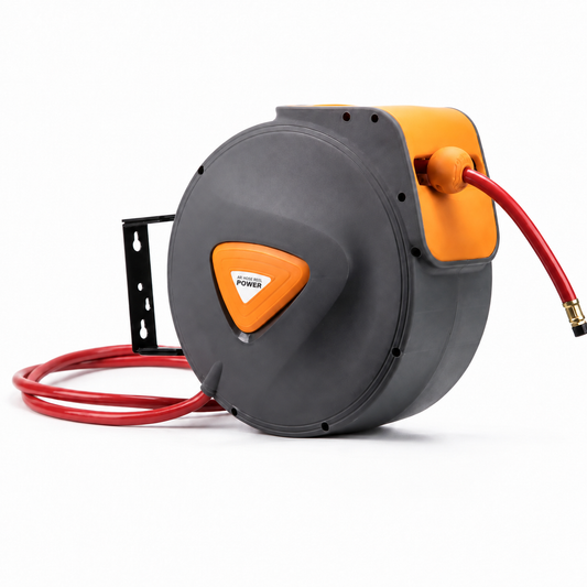 20m retractable air hose reel with wall bracket and red hose on white background