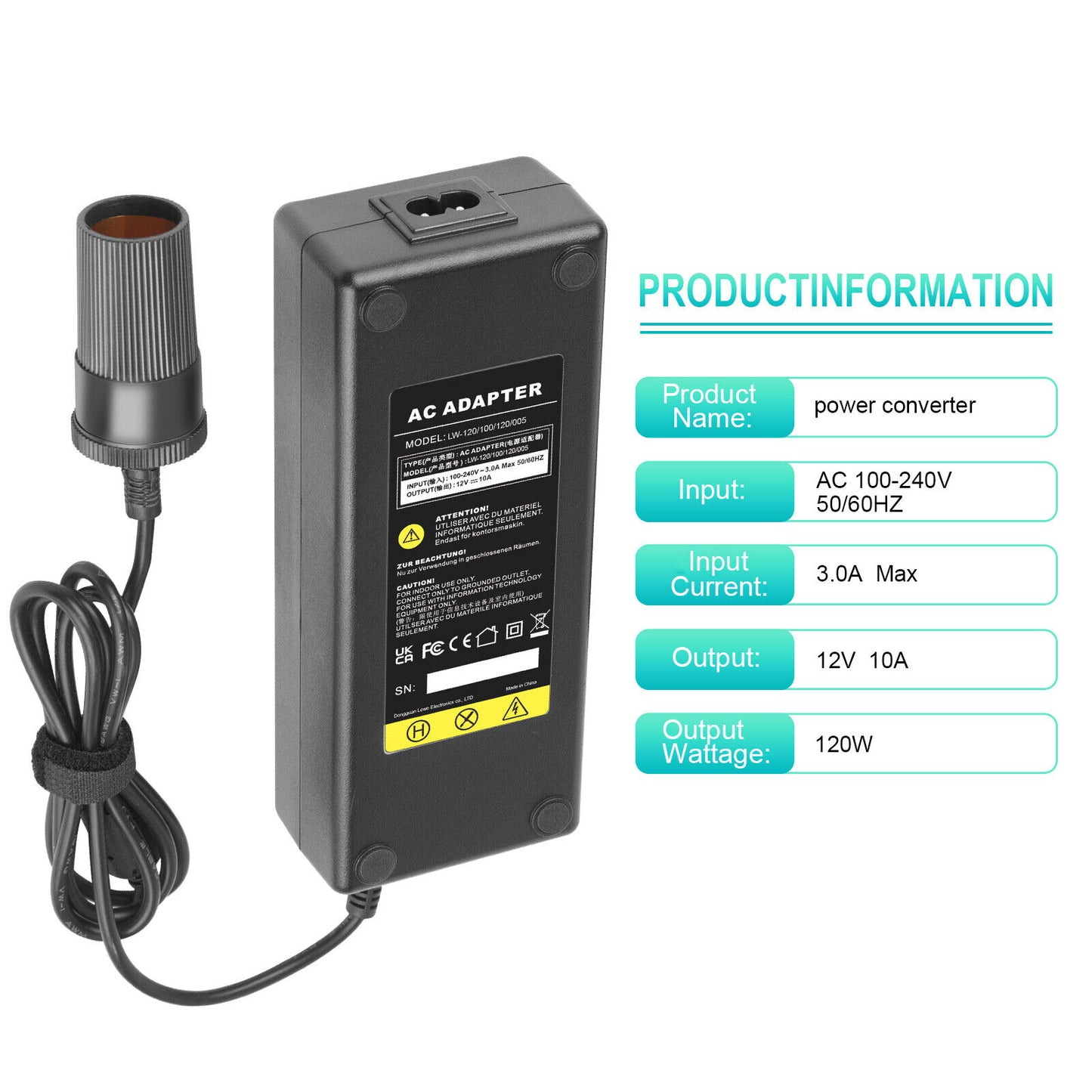 10A 240V to 12V Car Cigarette Lighter Transformer Power Supply Socket Converter