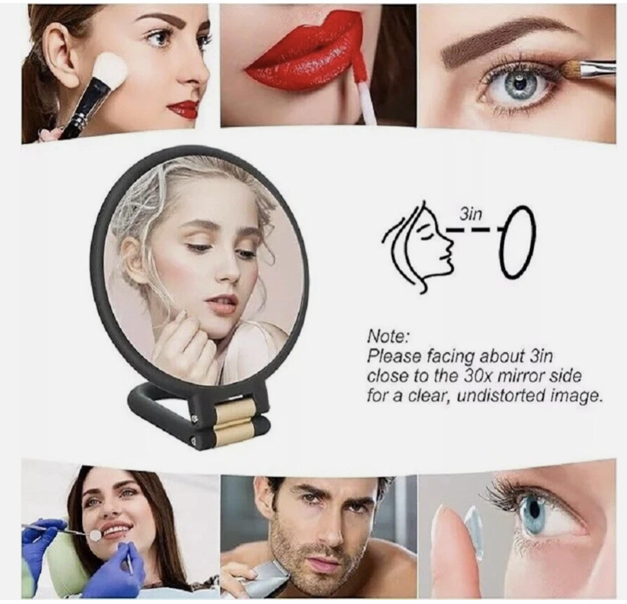 30X Magnifying Mirror Travel Hand Mirrors w/ Handle Handheld Mirror