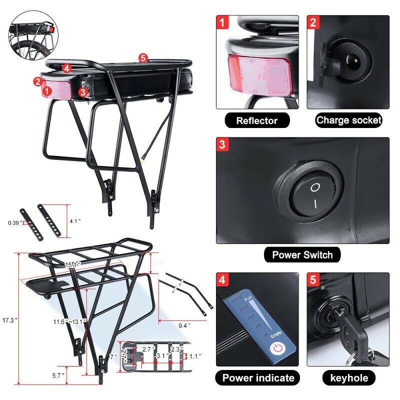 Electric Bicycle Rechargeable Battery 48V Lithium Li-ion Battery luggage rack