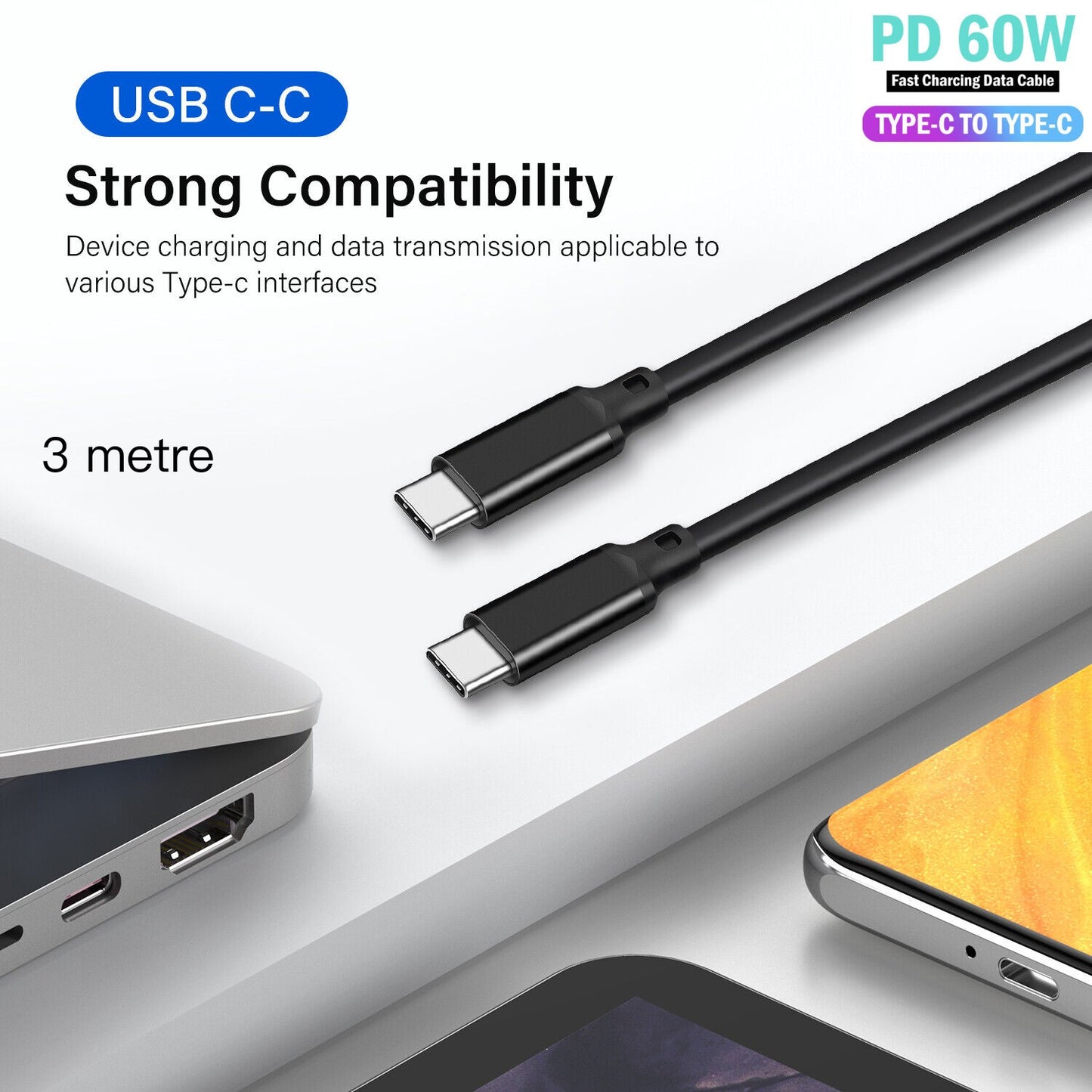 3M USB C to Type C Charger Cable PD Fast Charge For iPhone 15 Samsung