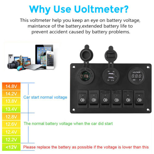 6 Gang 12V Switch Panel Control USB ON-OFF LED Rocker Toggle For Car Boat Marine