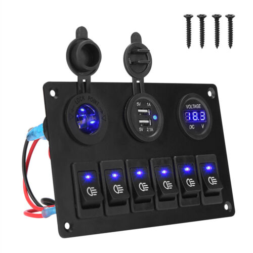 6 Gang 12V Switch Panel Control USB ON-OFF LED Rocker Toggle For Car Boat Marine
