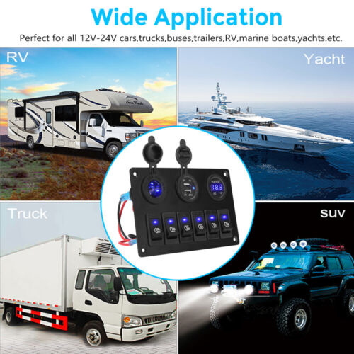6 Gang 12V Switch Panel Control USB ON-OFF LED Rocker Toggle For Car Boat Marine