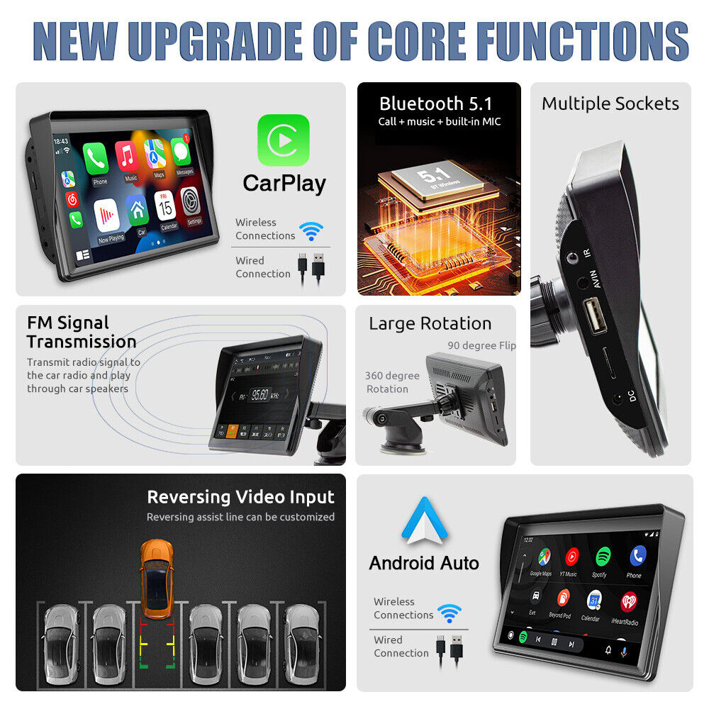 7" Portable Wireless Apple Carplay Android auto Car Stereo Radio Bluetooth+CAM