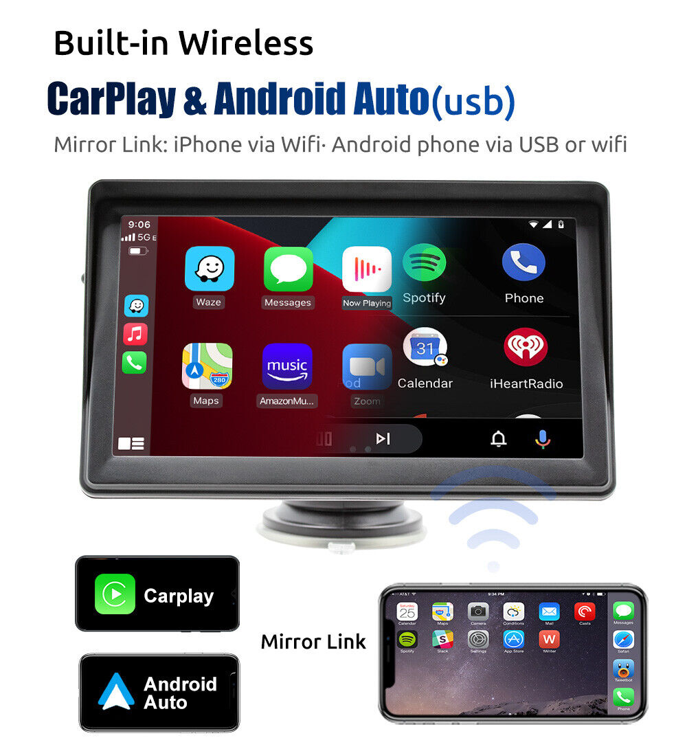 7" Portable Wireless Apple Carplay Android auto Car Stereo Radio Bluetooth+CAM