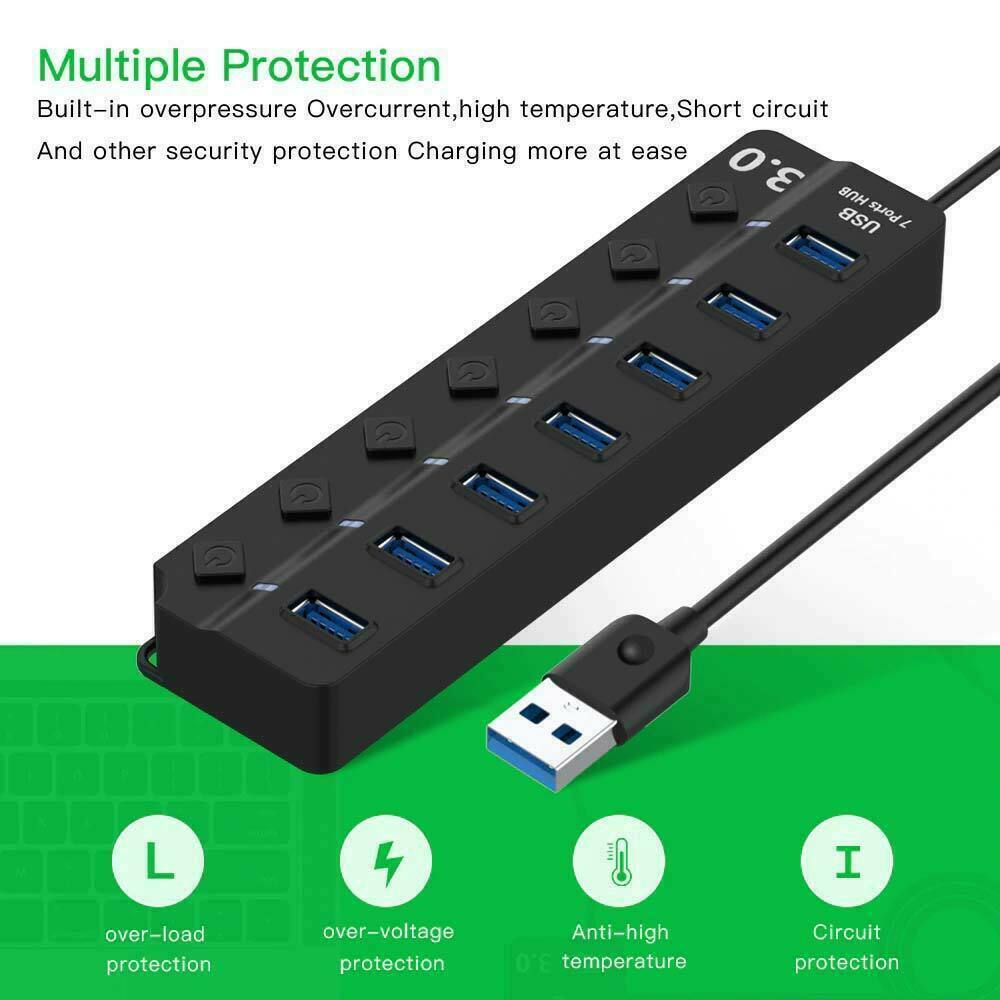 5GBPS Multi USB Hub 7 Port 3.0 LED Splitter External Extension Cable Fast