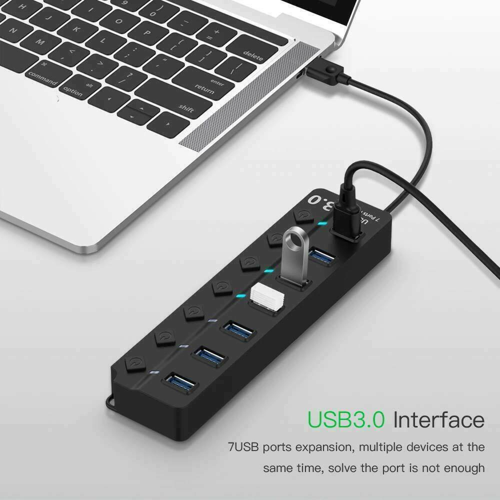 5GBPS Multi USB Hub 7 Port 3.0 LED Splitter External Extension Cable Fast