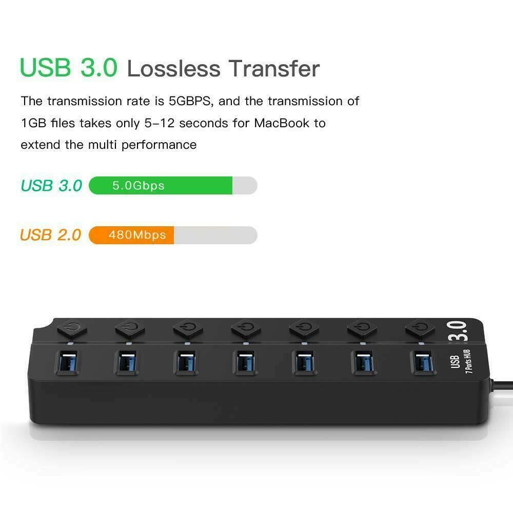 5GBPS Multi USB Hub 7 Port 3.0 LED Splitter External Extension Cable Fast