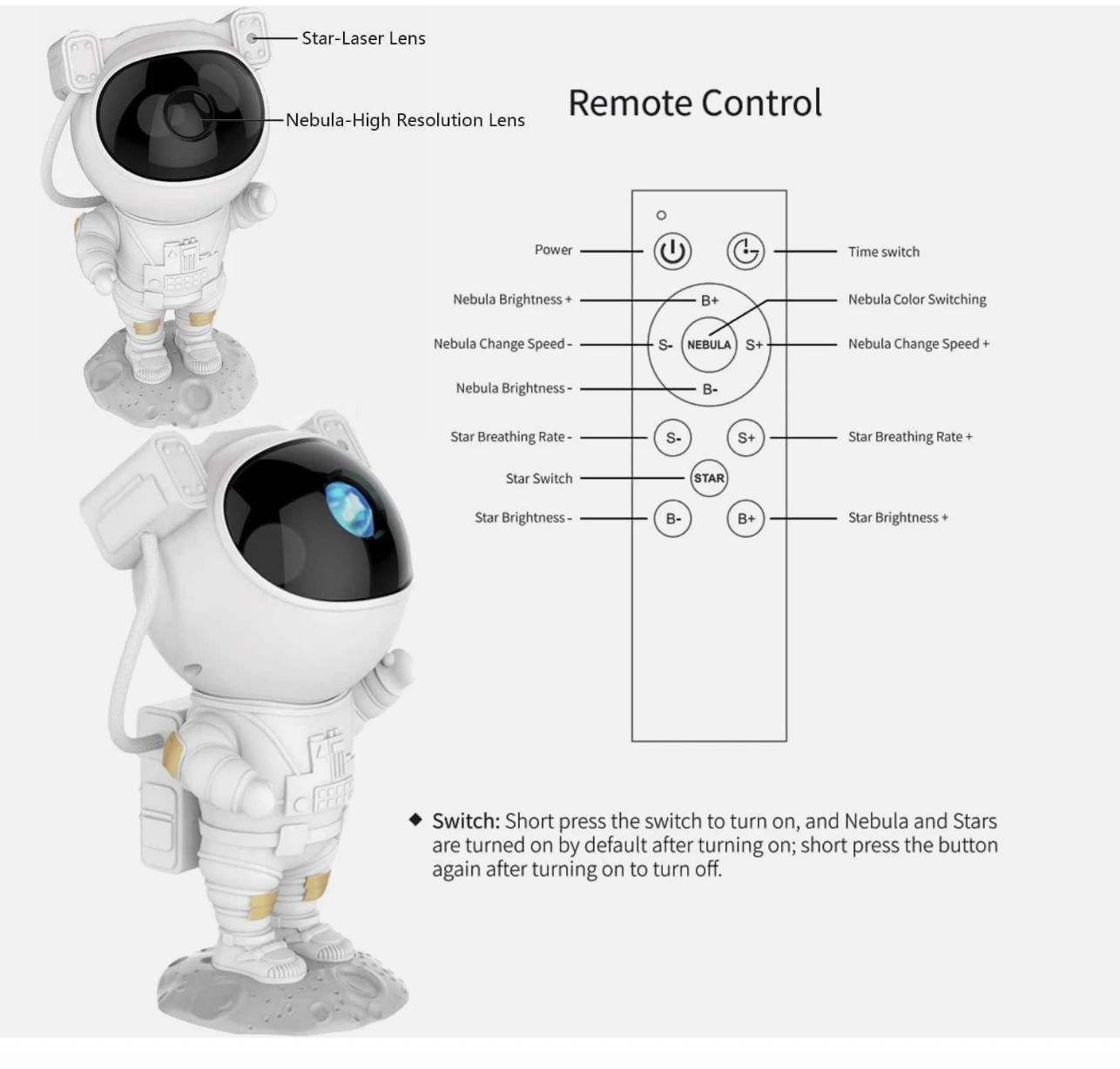 Astronaut Galaxy Star Projector Night Light - with Timer Remote Control