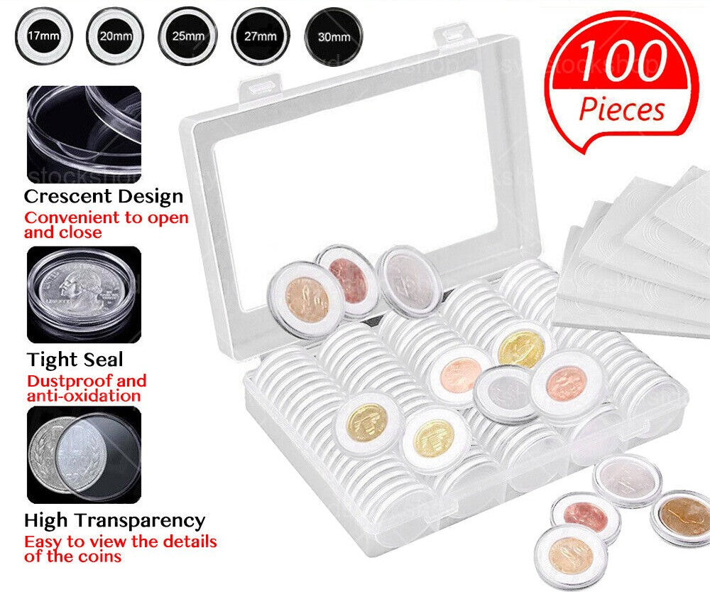 100PCS Coin Storage Box Case Capsules Holder Clear Plastic Round 20/25/27/30mm