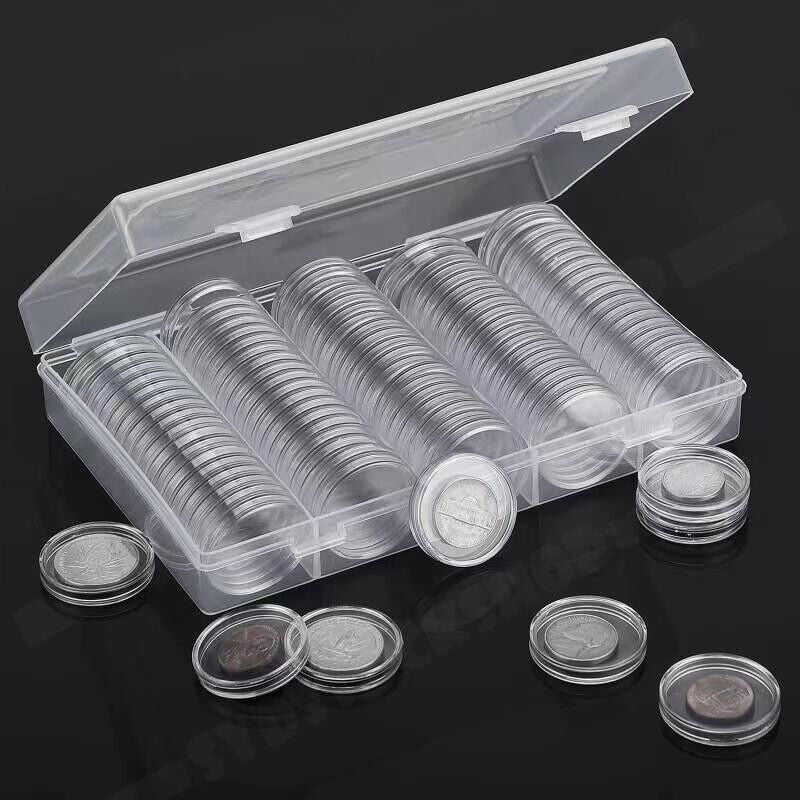 100PCS Coin Storage Box Case Capsules Holder Clear Plastic Round 20/25/27/30mm