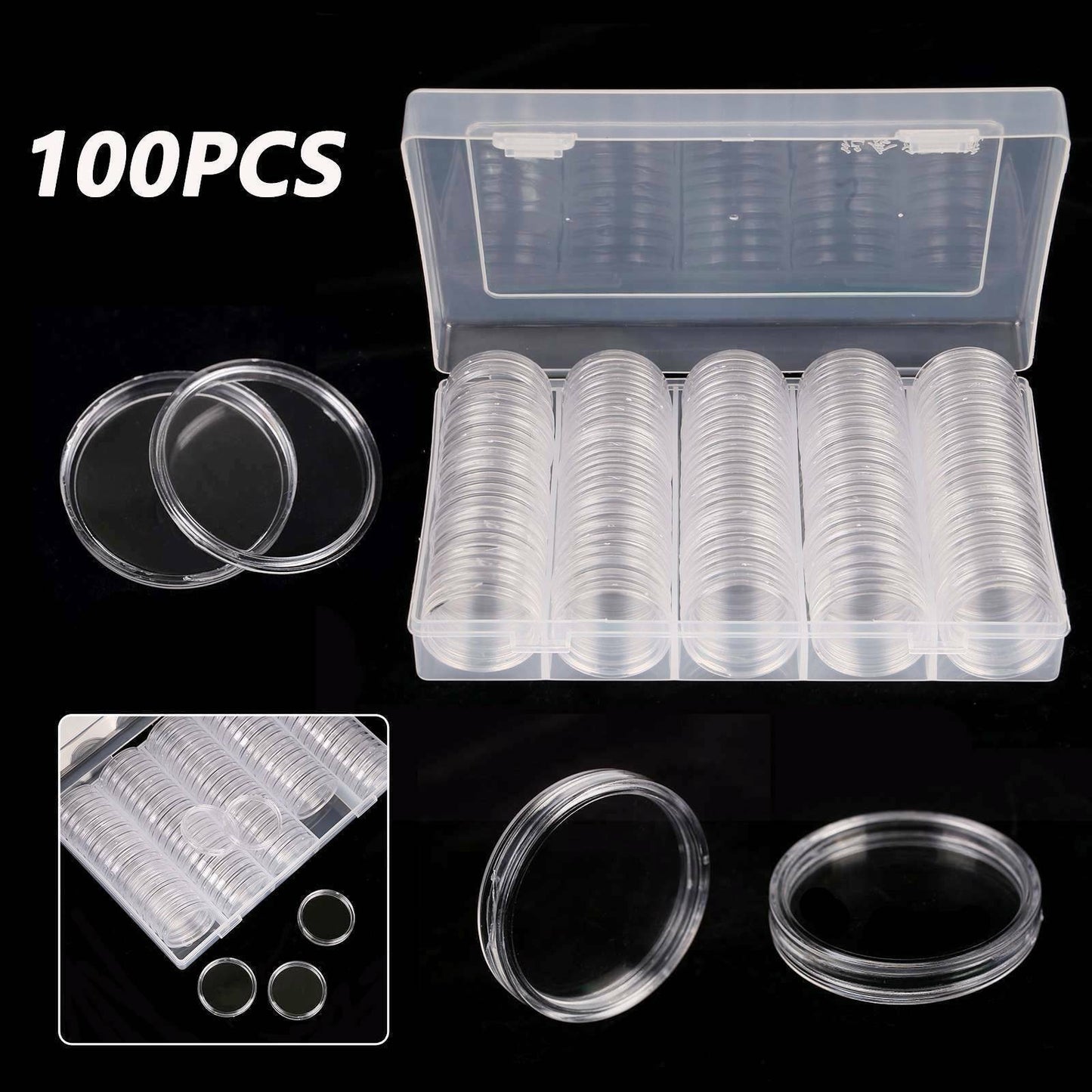 100PCS Coin Storage Box Case Capsules Holder Clear Plastic Round 20/25/27/30mm