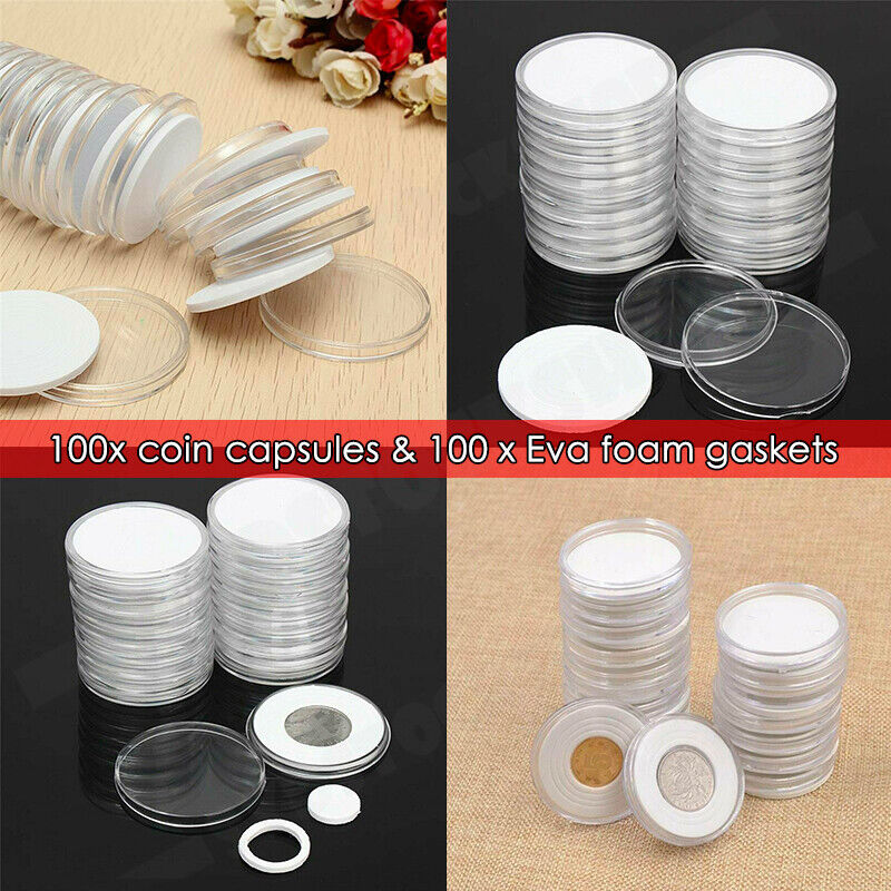 100PCS Coin Storage Box Case Capsules Holder Clear Plastic Round 20/25/27/30mm