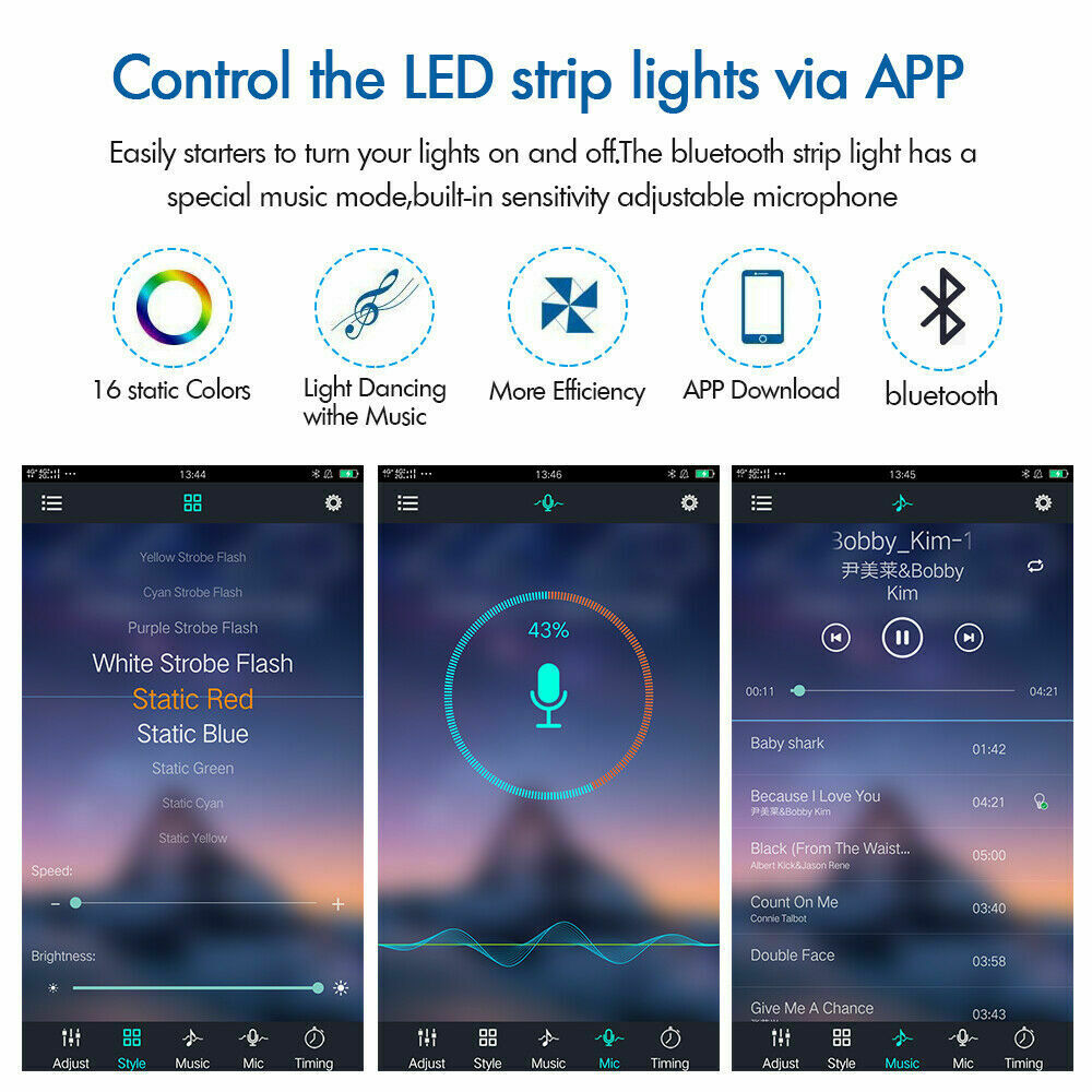 RGB LED Strip Lights IP65 Waterproof 5050 5M 300 LEDs 12V Bluetooth