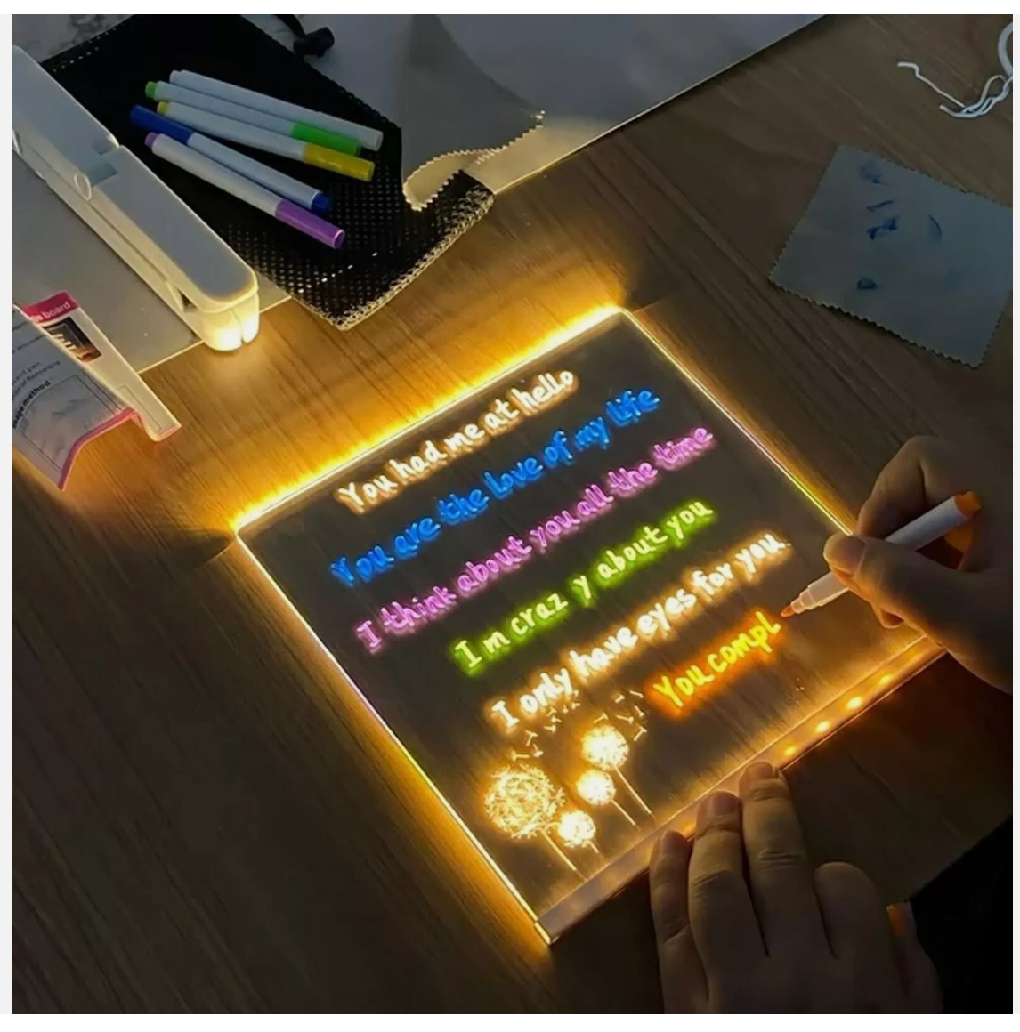 LED Note Board With Colors Acrylic Dry Erase Board Light Up w/ 7 Pens With Light