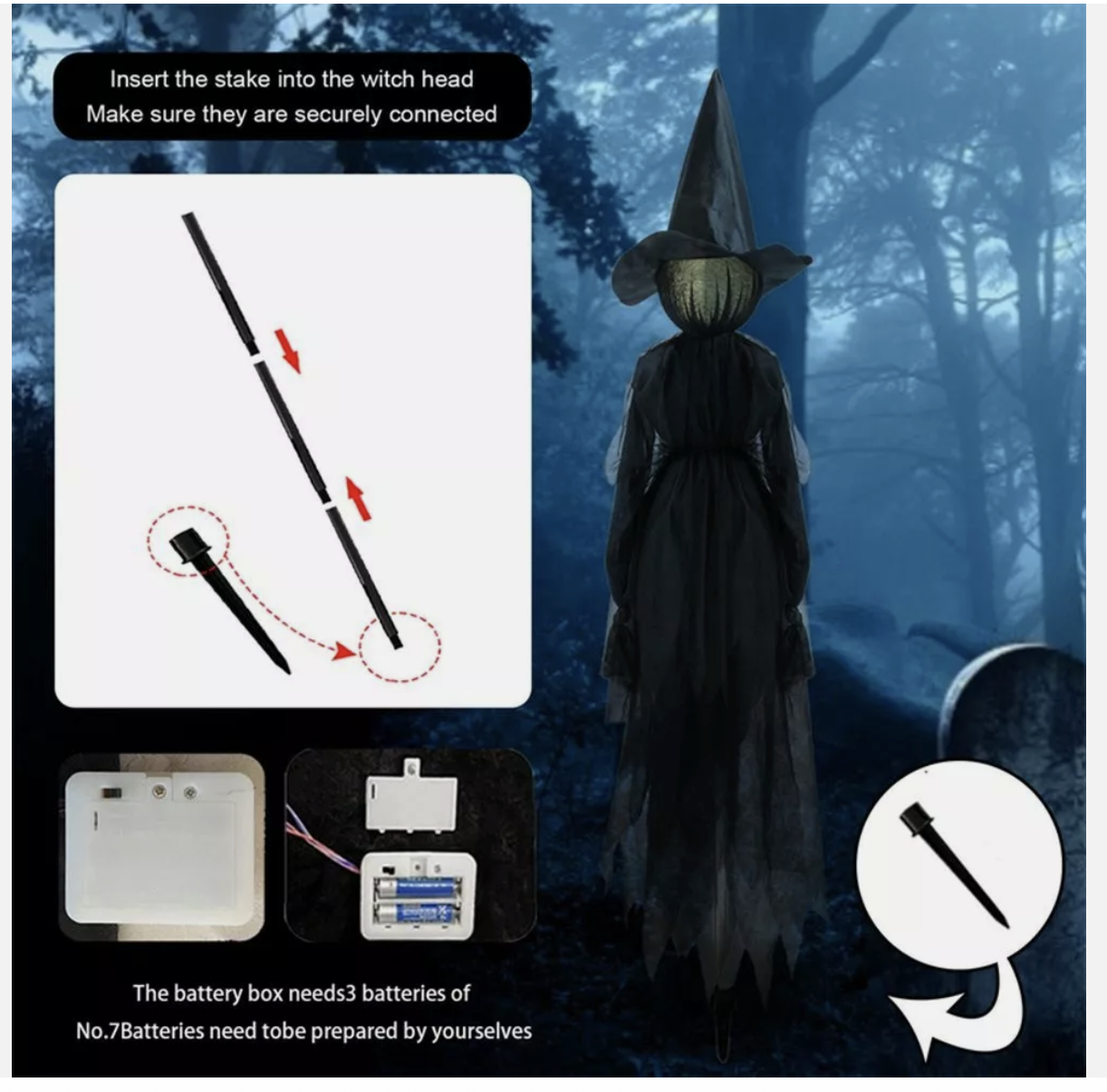 1PC Light-Up Witch Halloween Decoration Outdoor Holding Hand Screaming Witch