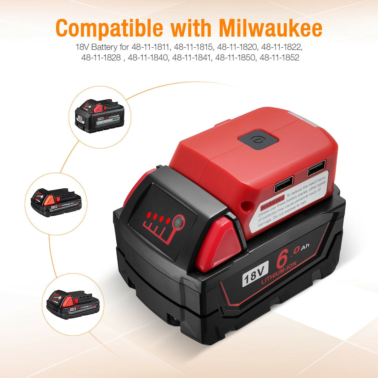 USB Charger Battery Adapter Led Light 18V-20V Power Source For Milwaukee M18