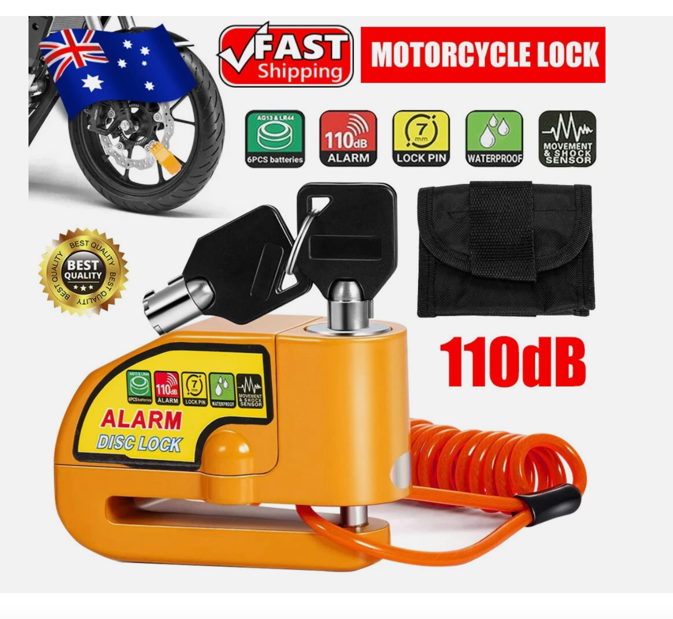 Motorbike Alarm Disc Lock Motorcycle Lock 110db w/ Reminder Cable Electric Lock