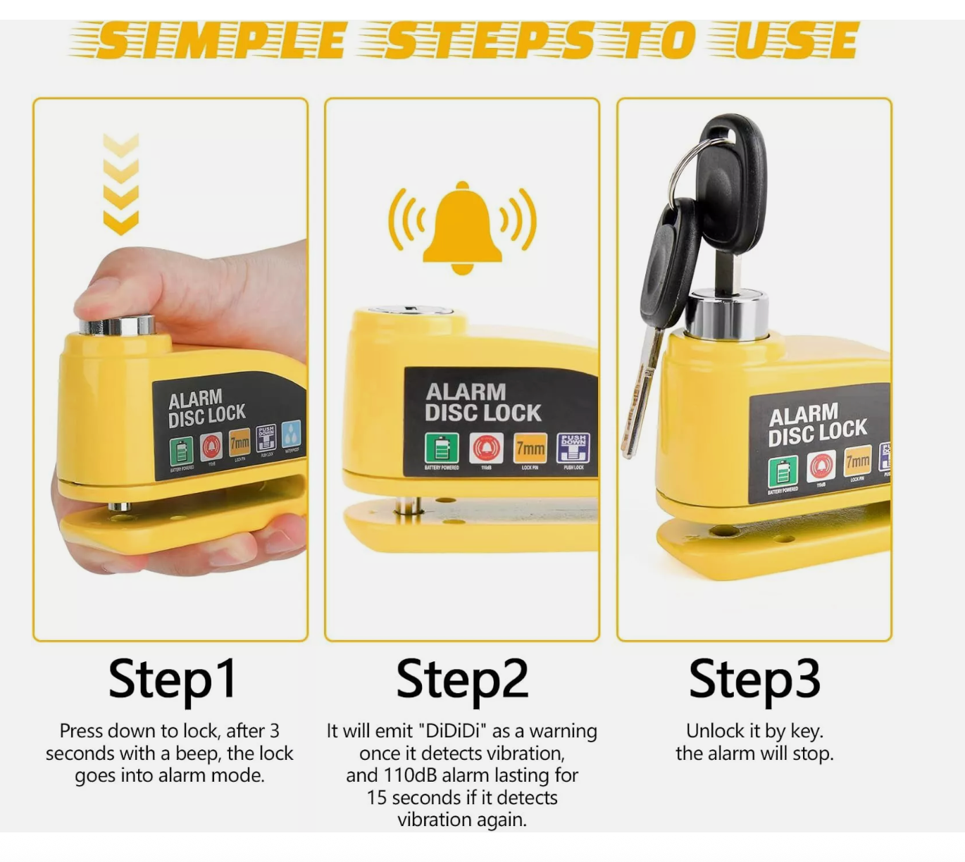 Motorbike Alarm Disc Lock Motorcycle Lock 110db w/ Reminder Cable Electric Lock