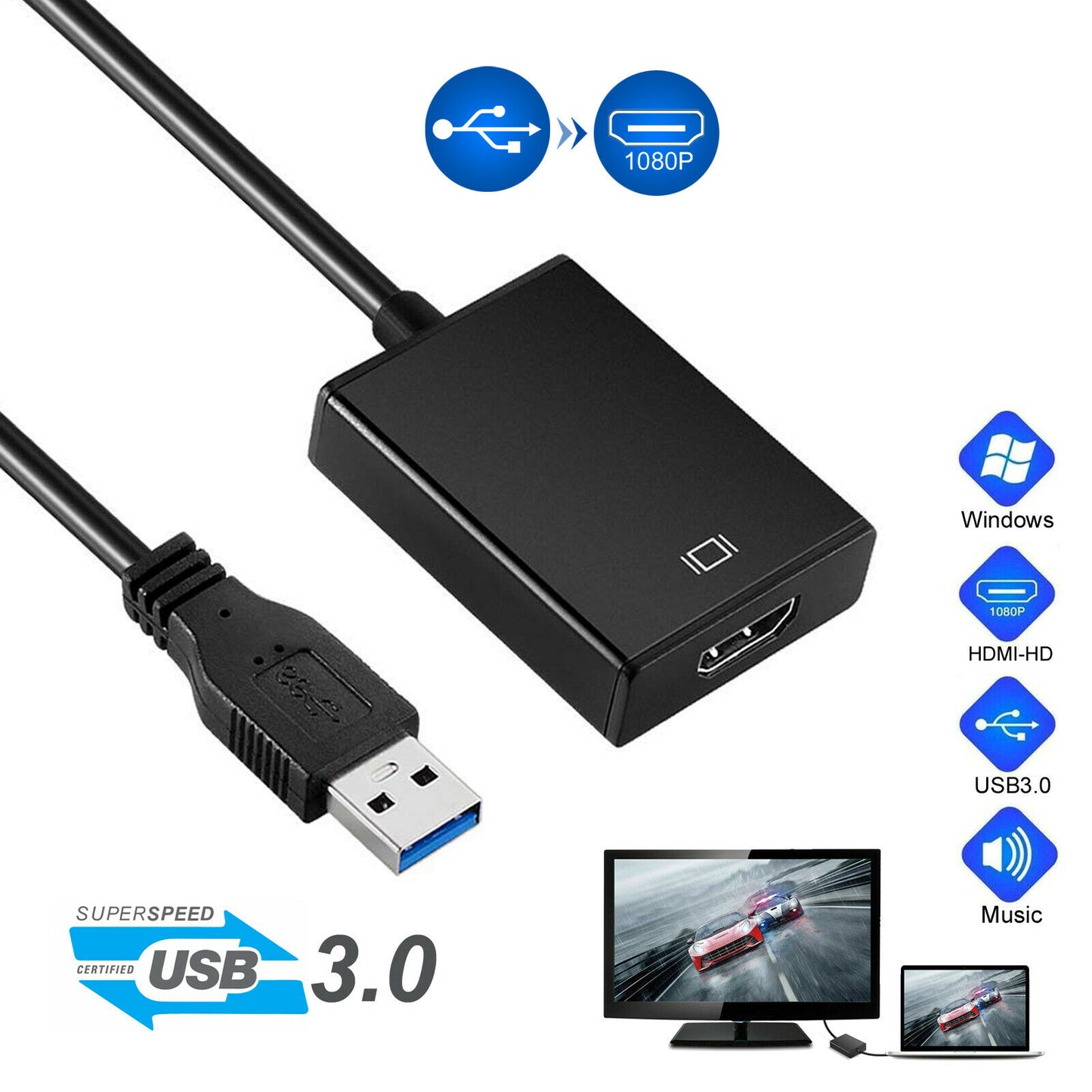 USB 3.0 to HDMI Cable Converter Display Graphic Adapter For Laptop PC HD 1080P
