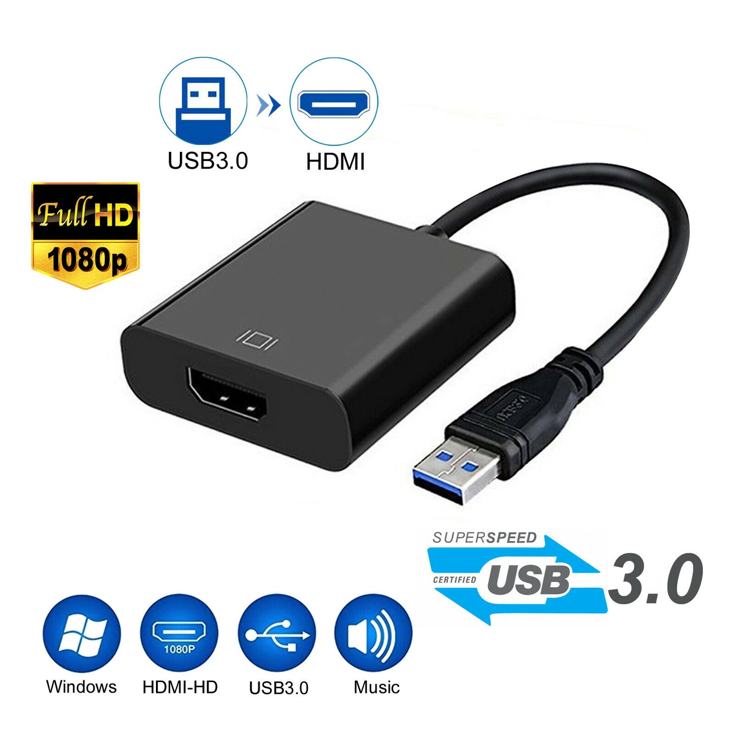 USB 3.0 to HDMI Cable Converter Display Graphic Adapter For Laptop PC HD 1080P
