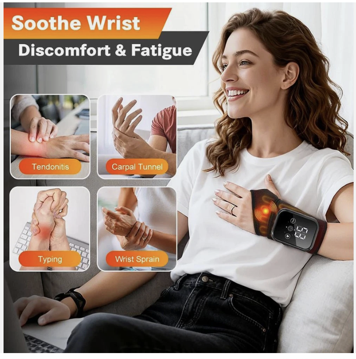 Cordless Wrist Heating Pad with Massage Carpal Tunnel Relief with 3 Vibrations