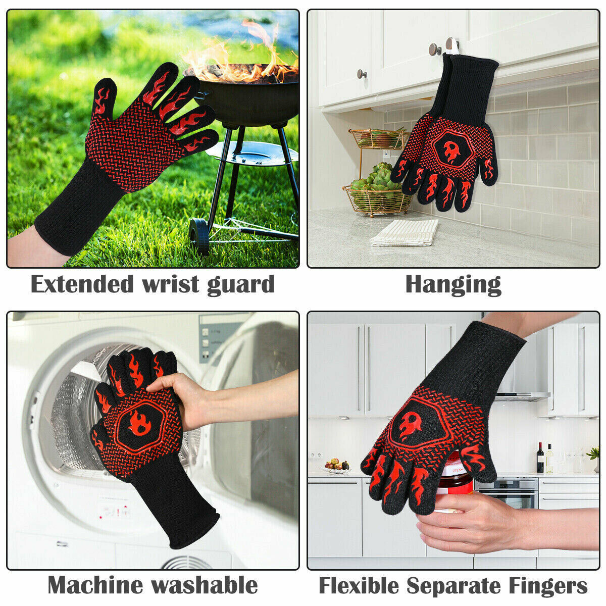 2x800°C Heat Proof Resistant Oven BBQ Gloves Kitchen Cooking Silicone Mitt