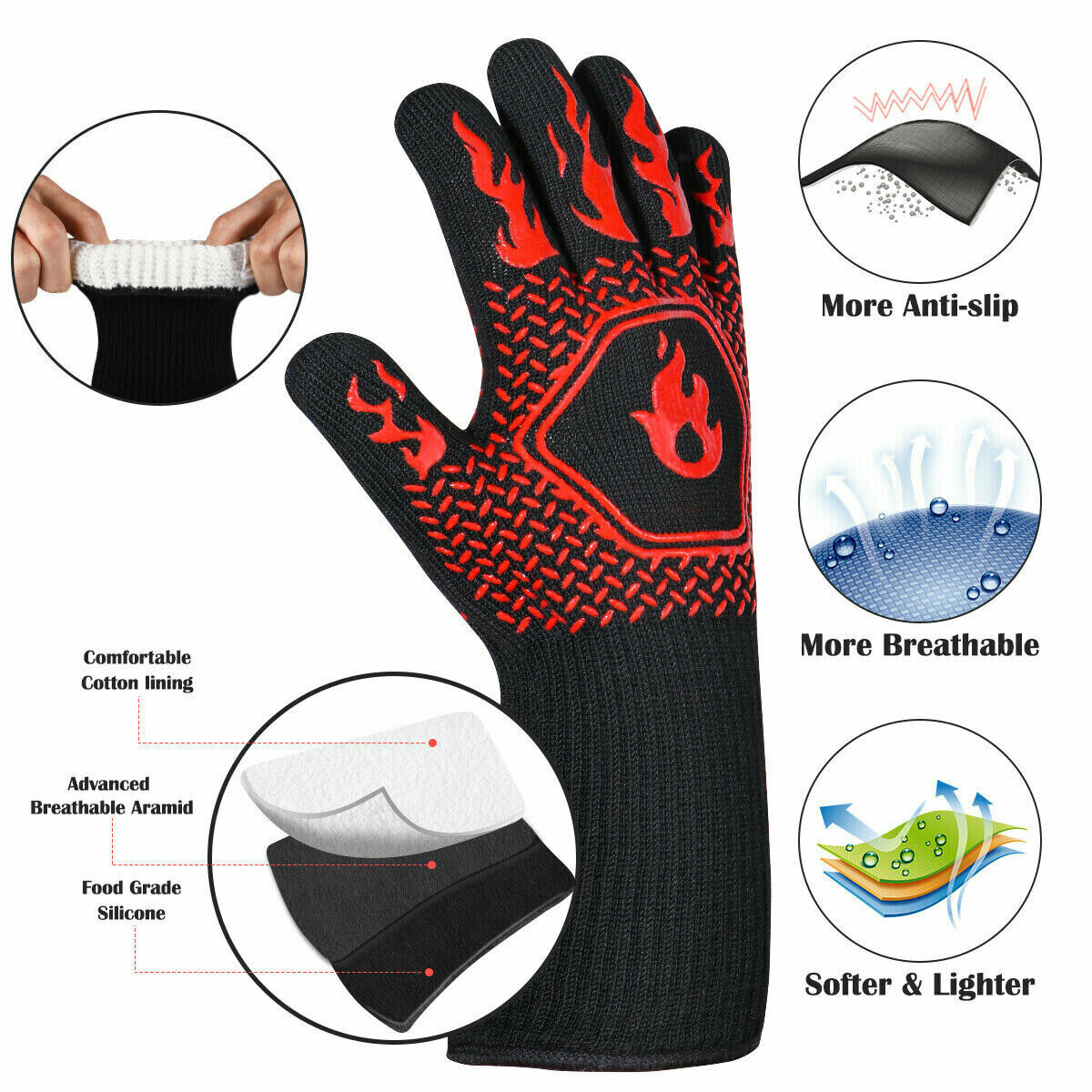 2x800°C Heat Proof Resistant Oven BBQ Gloves Kitchen Cooking Silicone Mitt