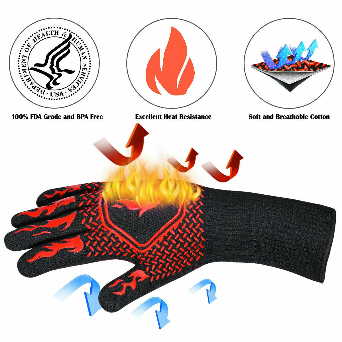 2x800°C Heat Proof Resistant Oven BBQ Gloves Kitchen Cooking Silicone Mitt