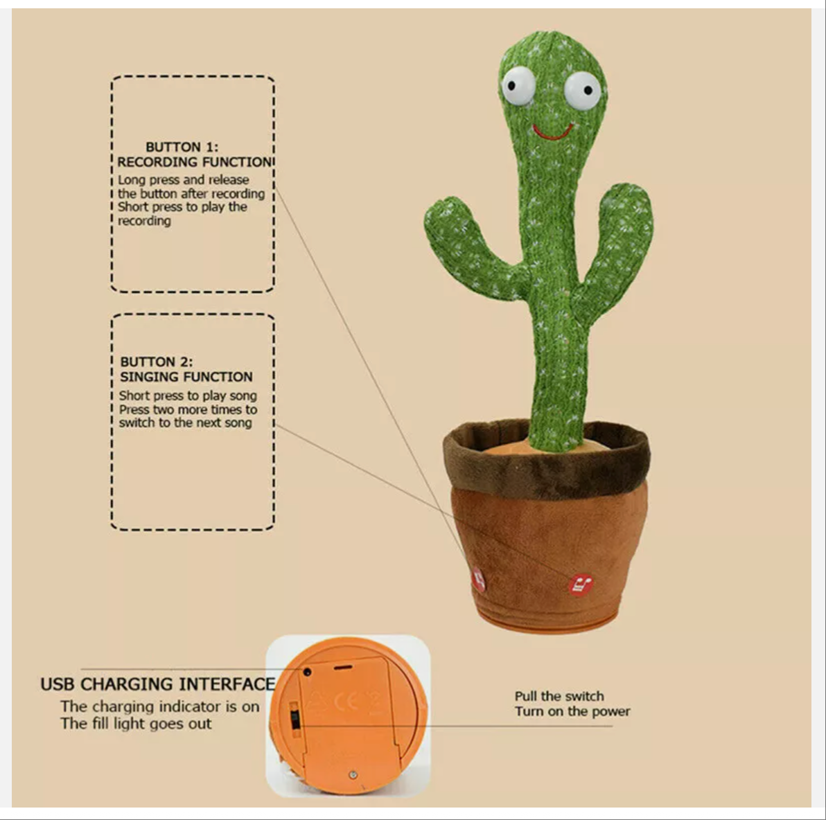 Dancing Talking Singing Shaking Cactus Kids Gift Plush Doll USB Charging Toy