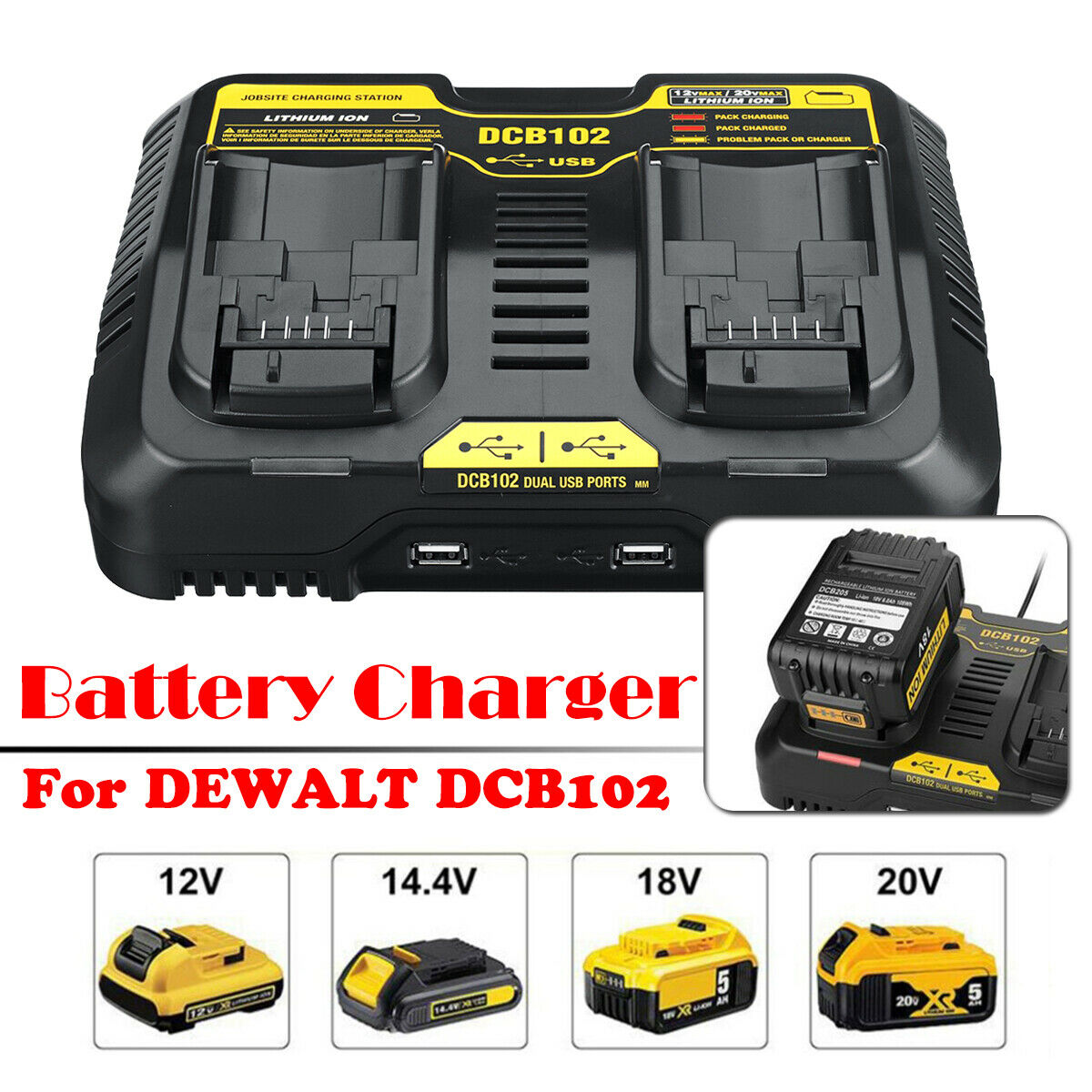 Compatible DEWALT DCB102-XE DUAL PORT USB Li-ion Multivoltage Charger