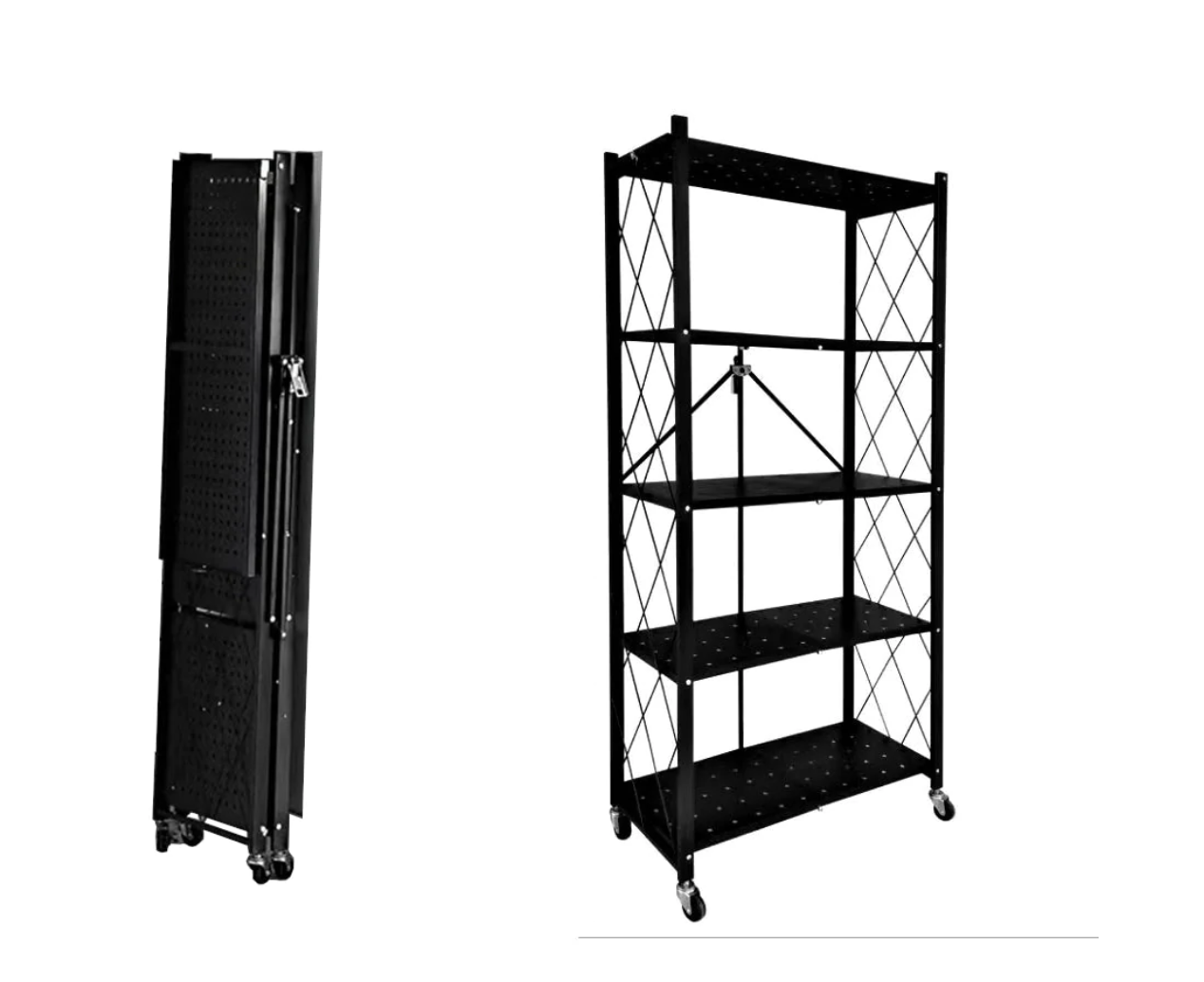 Bookshelf Foldable Shelf Metal Display Rack Kitchen Wheels Storage 5 Tier