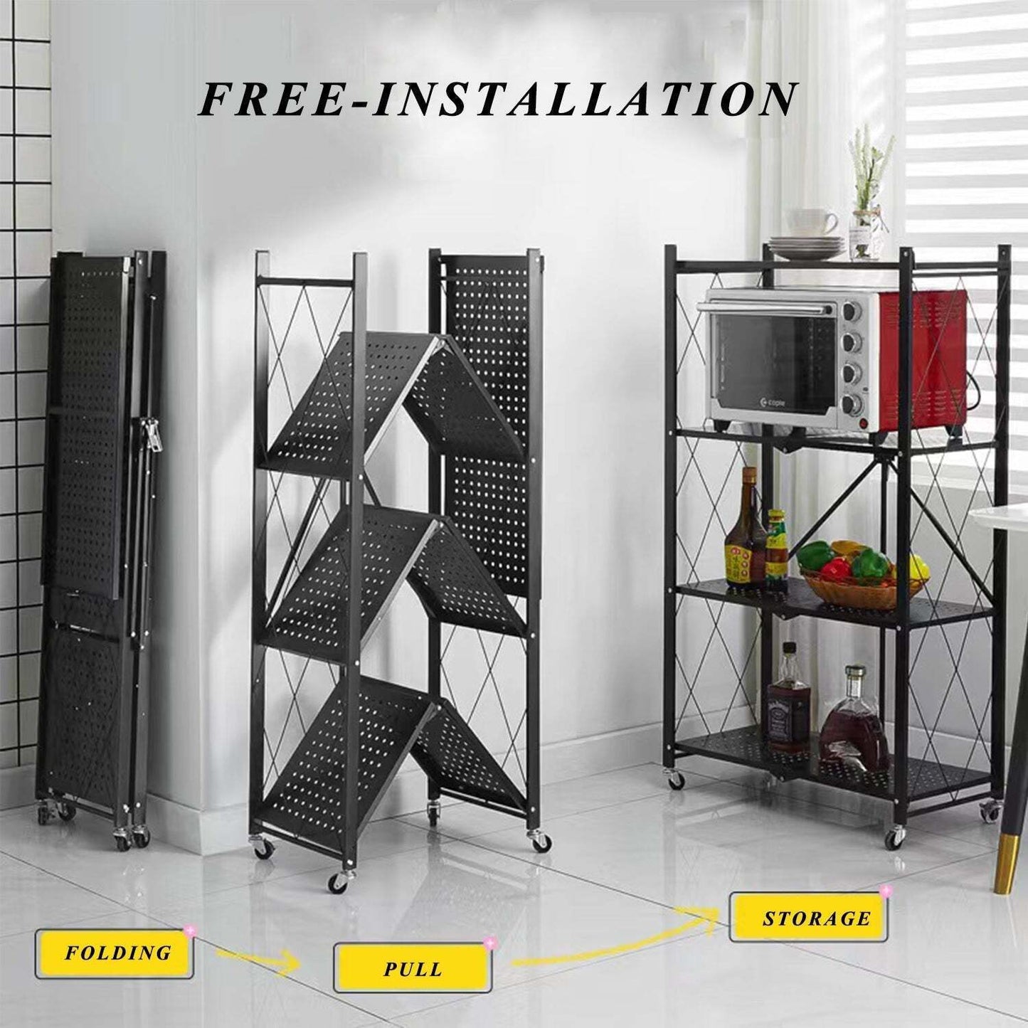 Bookshelf Foldable Shelf Metal Display Rack Kitchen Wheels Storage 5 Tier