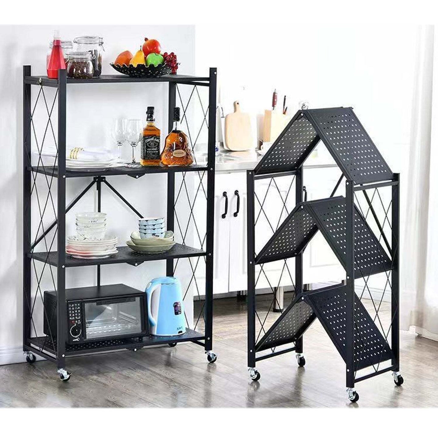 Bookshelf Foldable Shelf Metal Display Rack Kitchen Wheels Storage 5 Tier