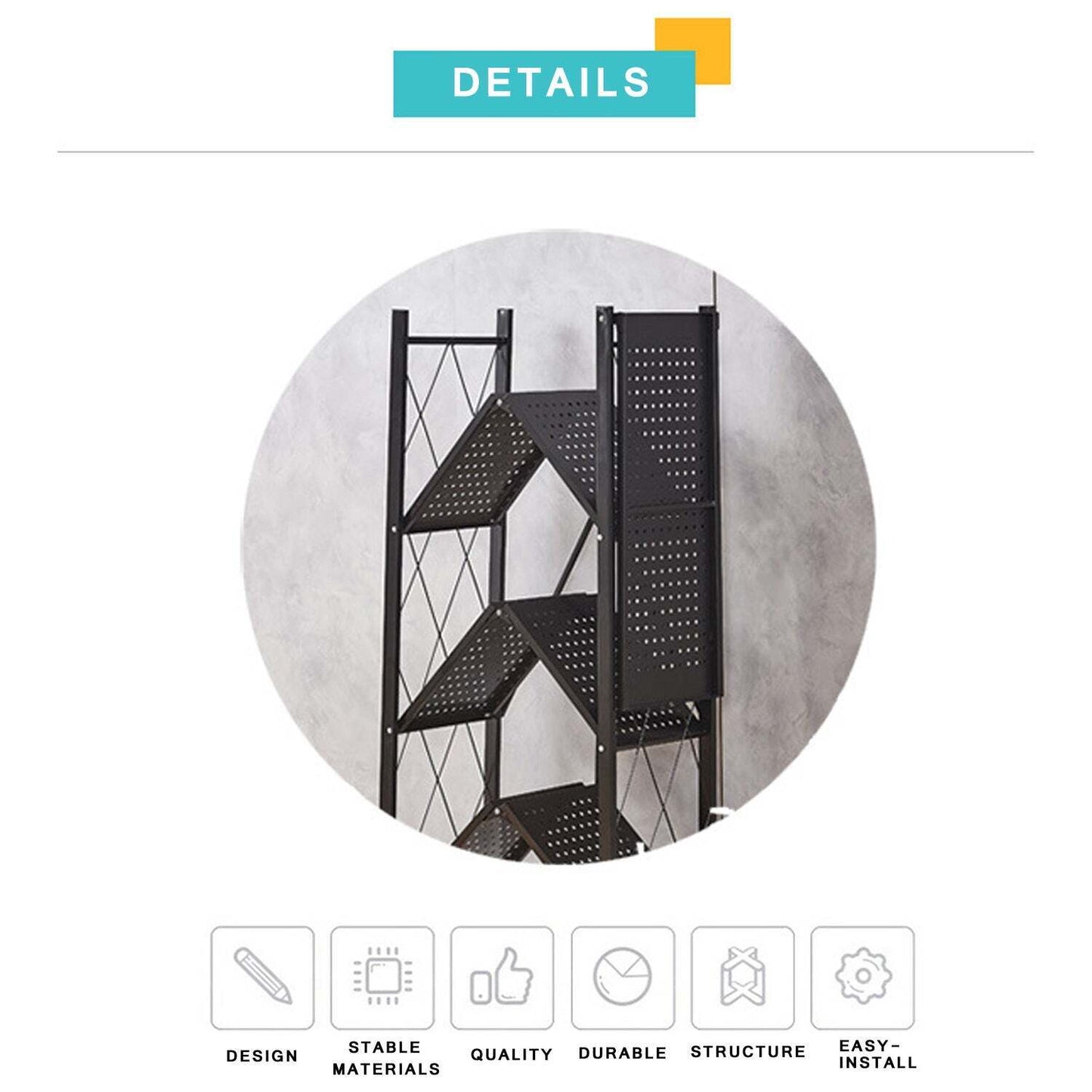 Bookshelf Foldable Shelf Metal Display Rack Kitchen Wheels Storage 5 Tier