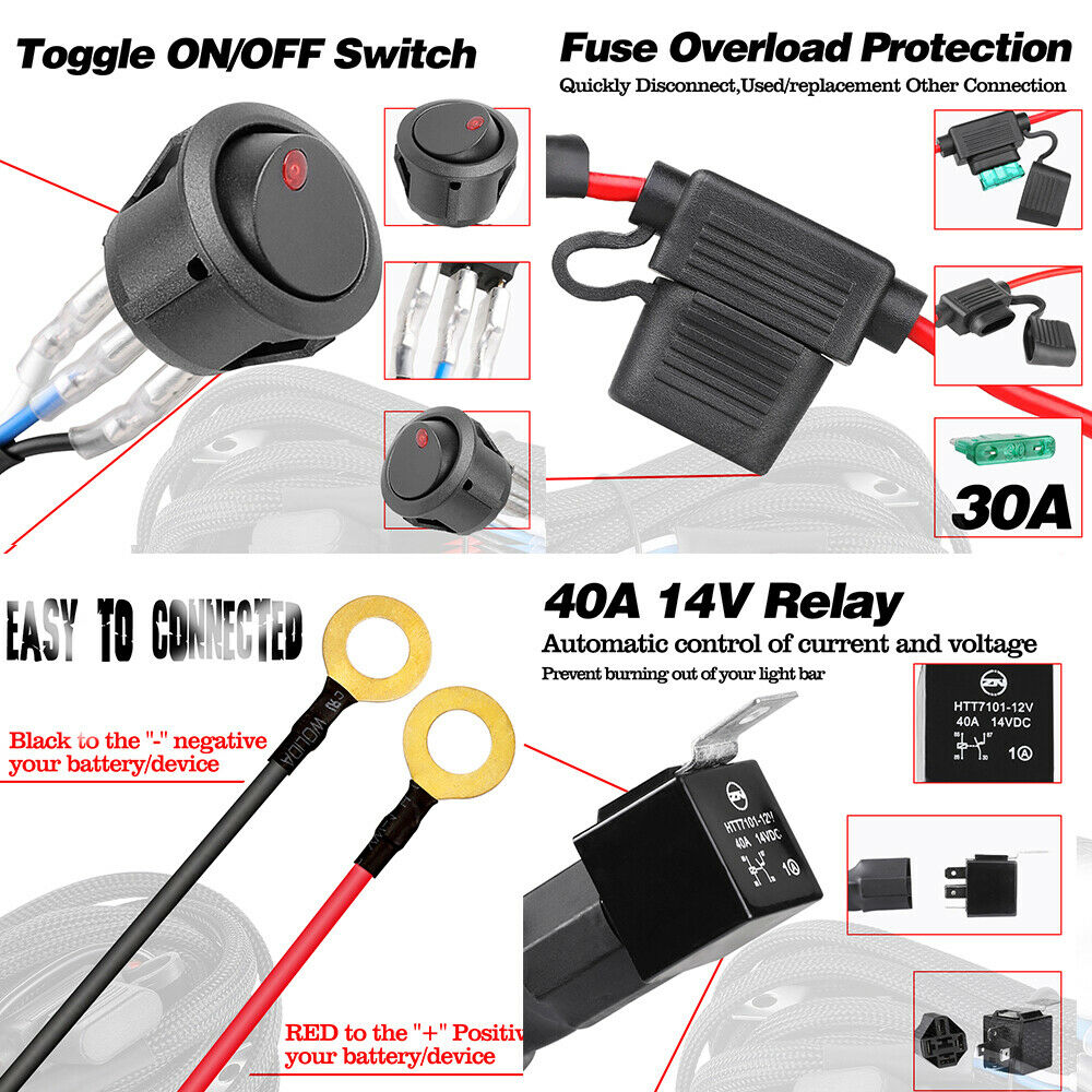 Wiring Loom Harness Kit Fuse Relay Switch 40A 12V For LED Work Driving Light Bar