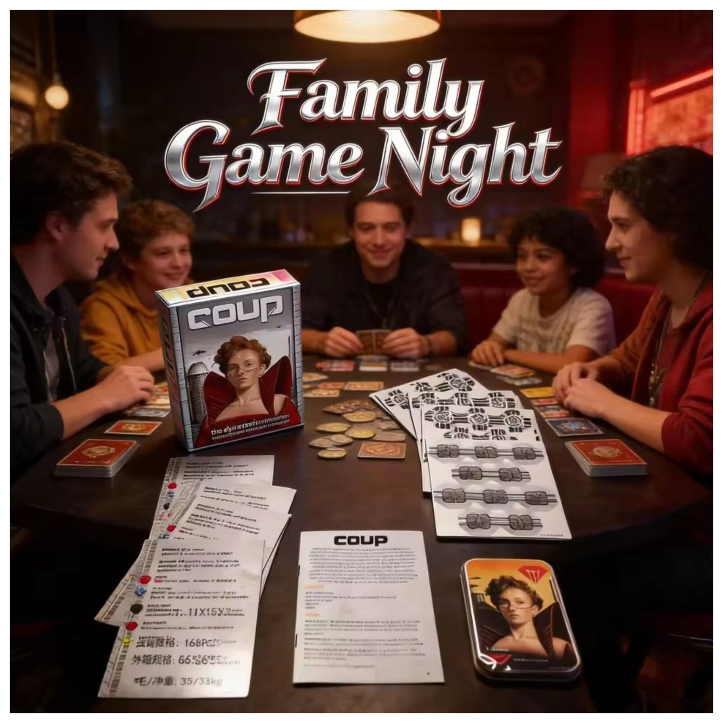 Group playing Coup at a table with game contents displayed