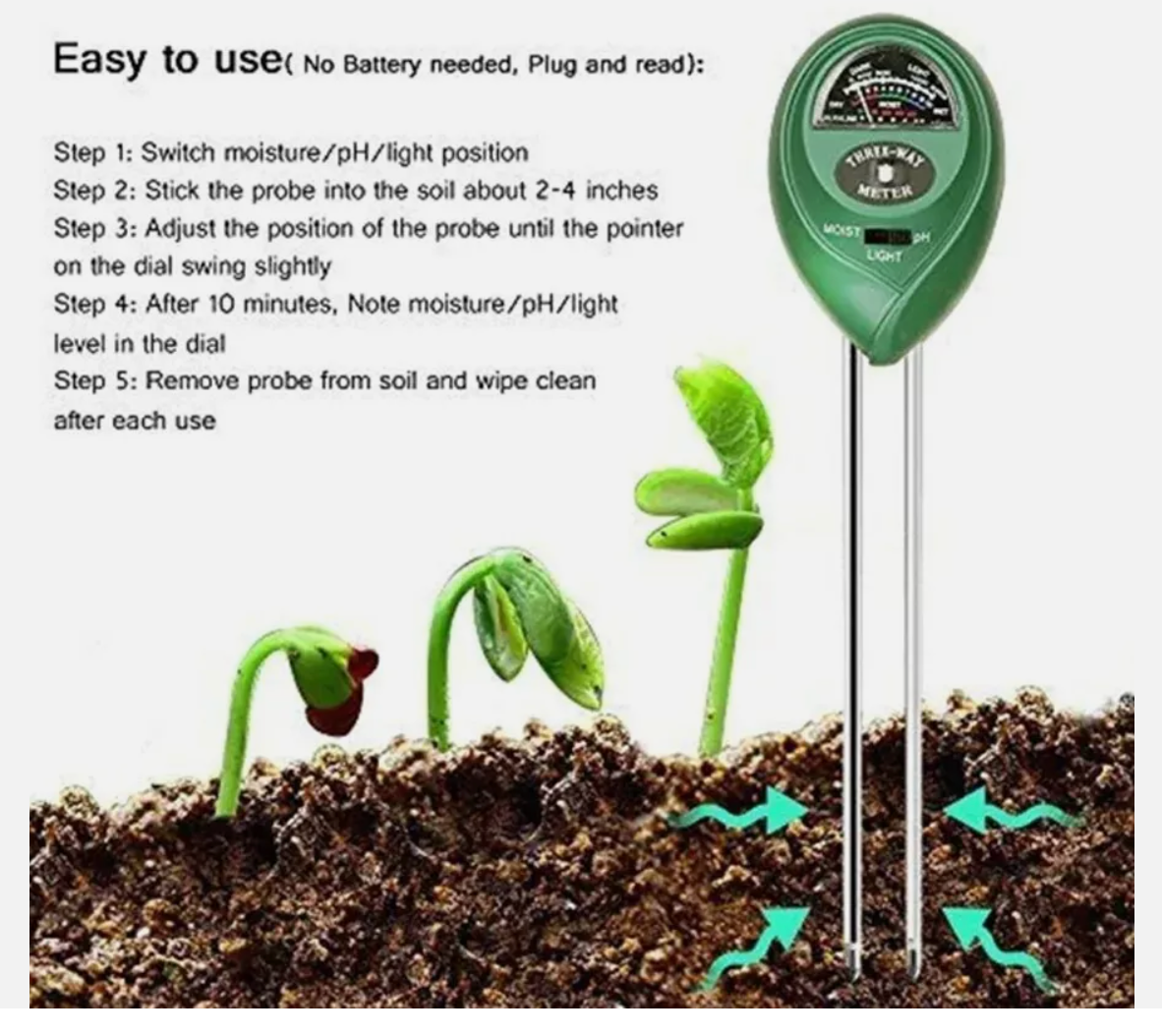 3 in 1 Soil PH Tester Meter Water Moisture Tester Kit For Garden Plant Testing