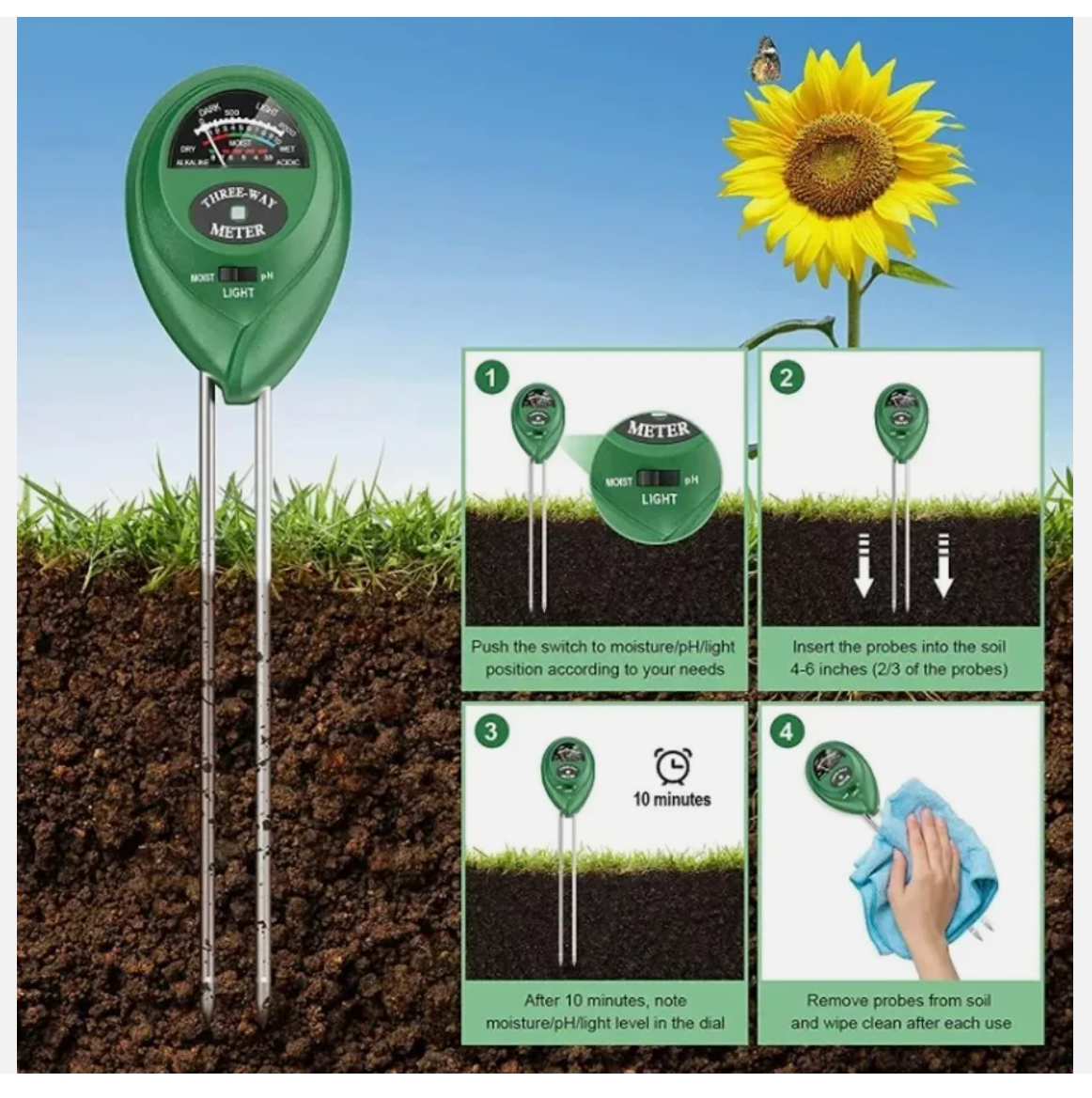 3 in 1 Soil PH Tester Meter Water Moisture Tester Kit For Garden Plant Testing