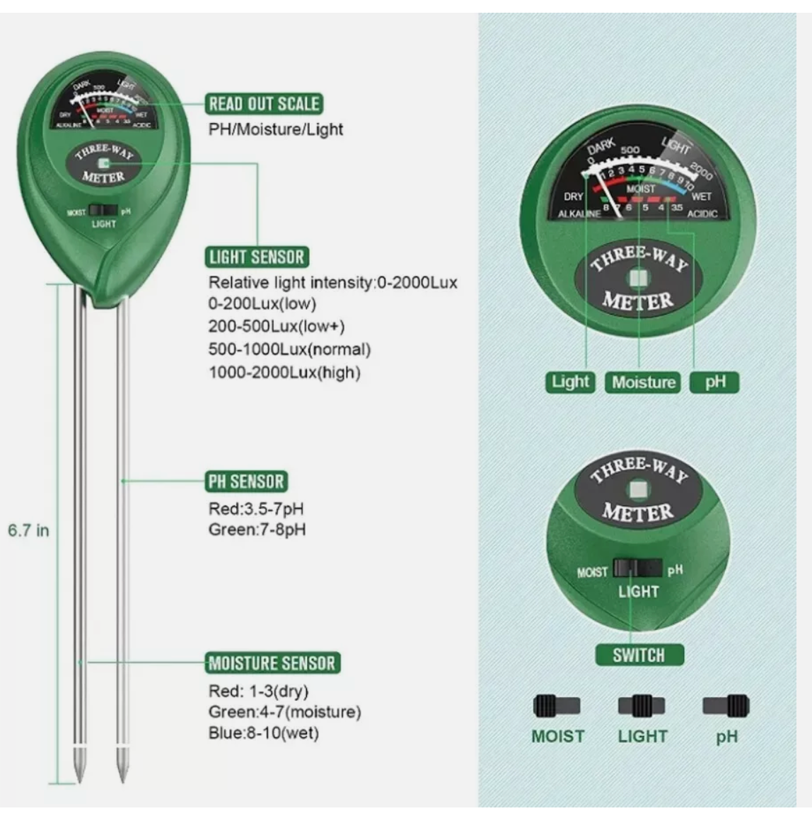 3 in 1 Soil PH Tester Meter Water Moisture Tester Kit For Garden Plant Testing