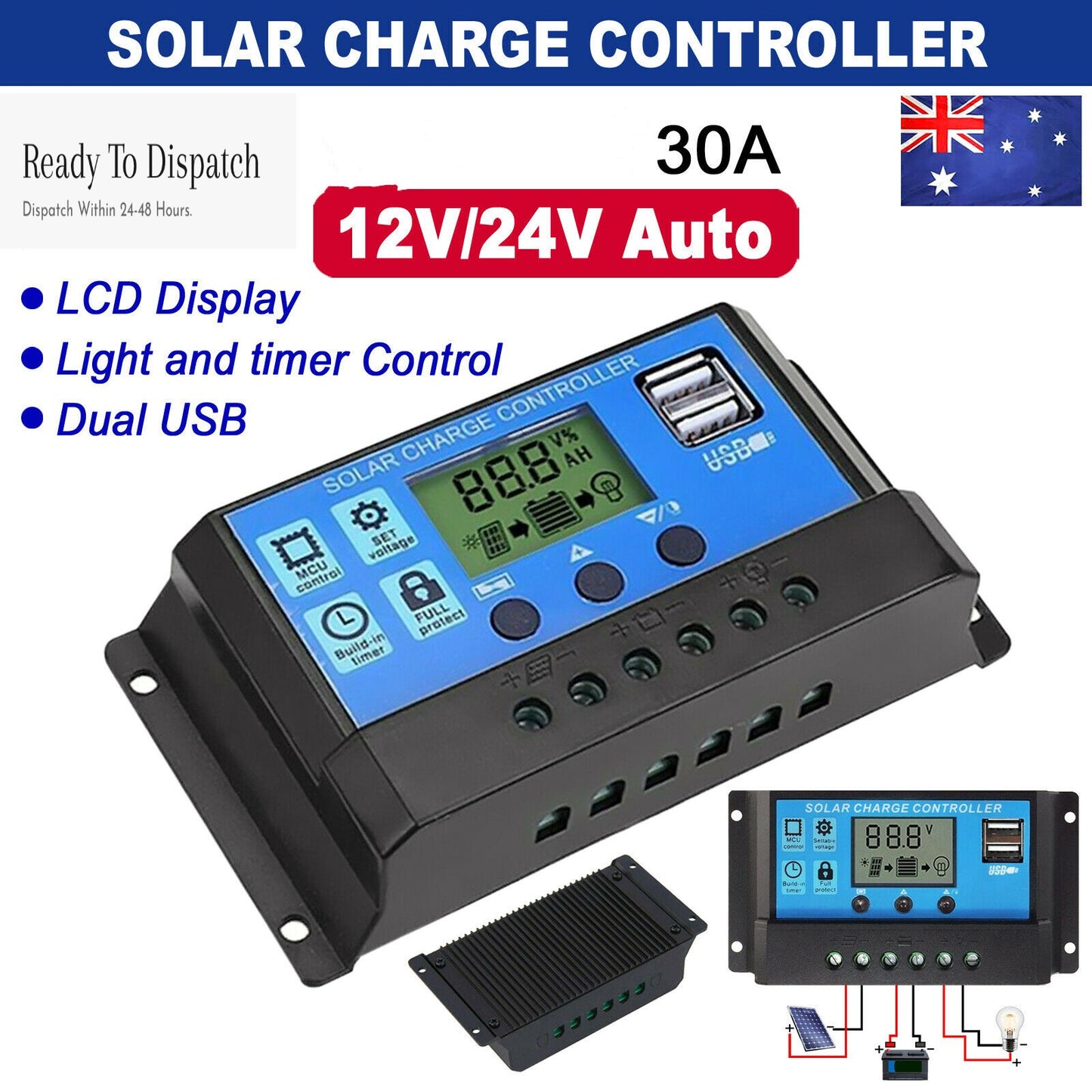Solar Panel Charge Controller Regulator 12V/24V auto dual USB 30A Battery PWM
